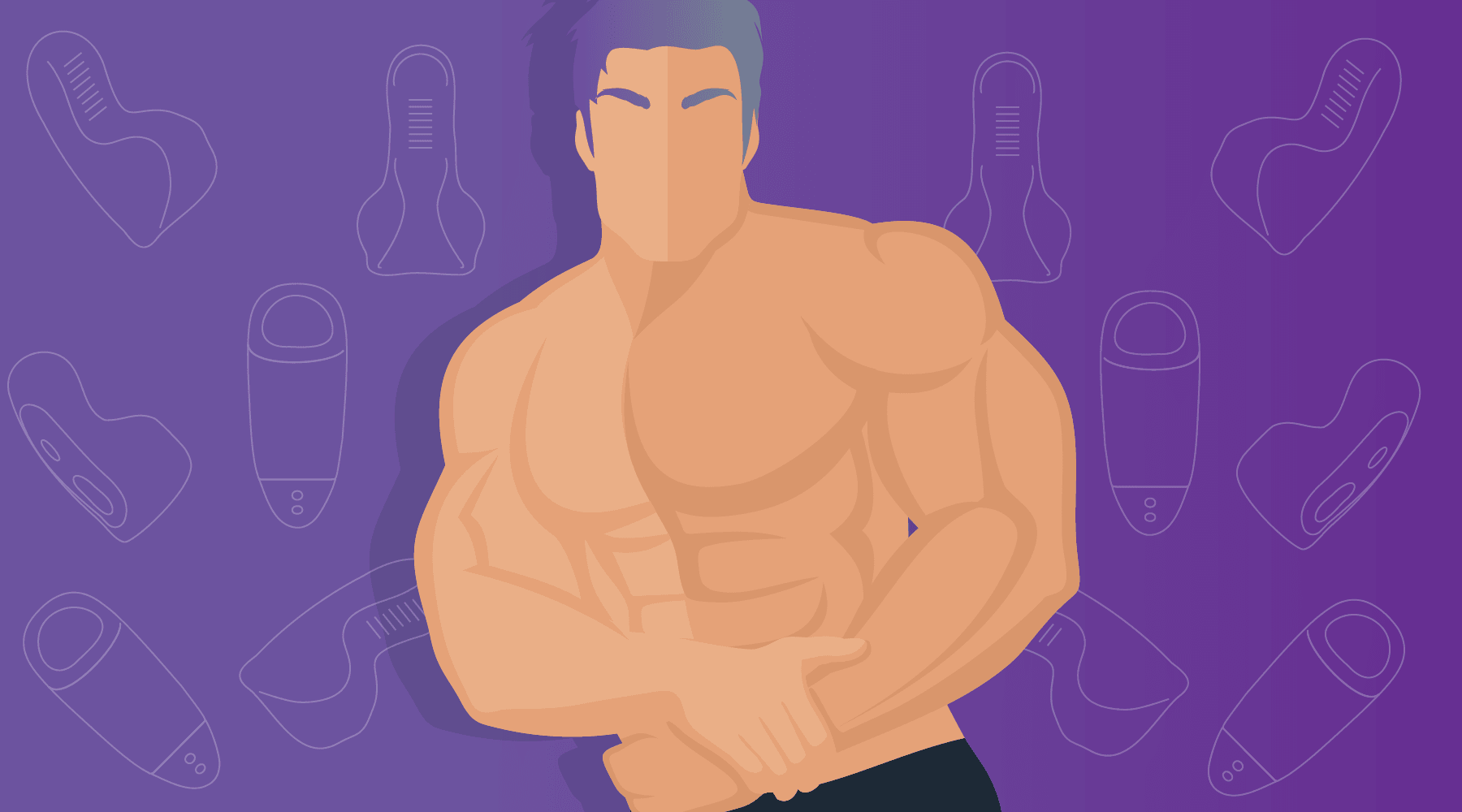 Illustration of a muscular man on a purple background with luxury male toy outlines, JIMMYJANE