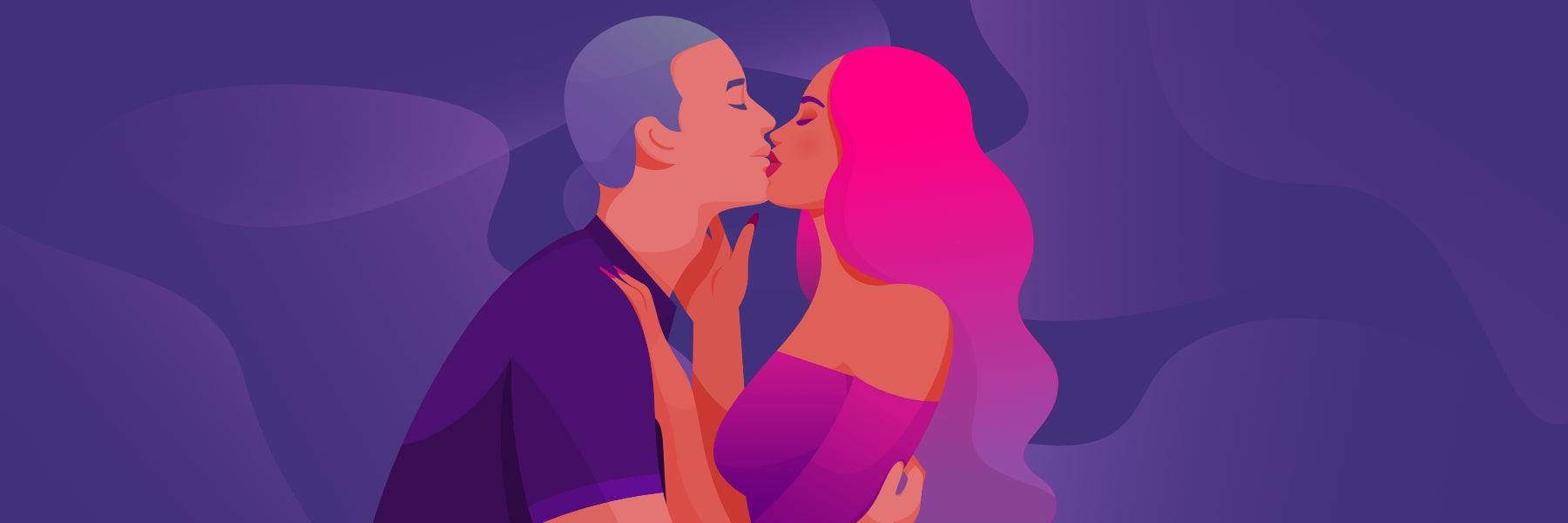 Side facing young man and young woman kissing