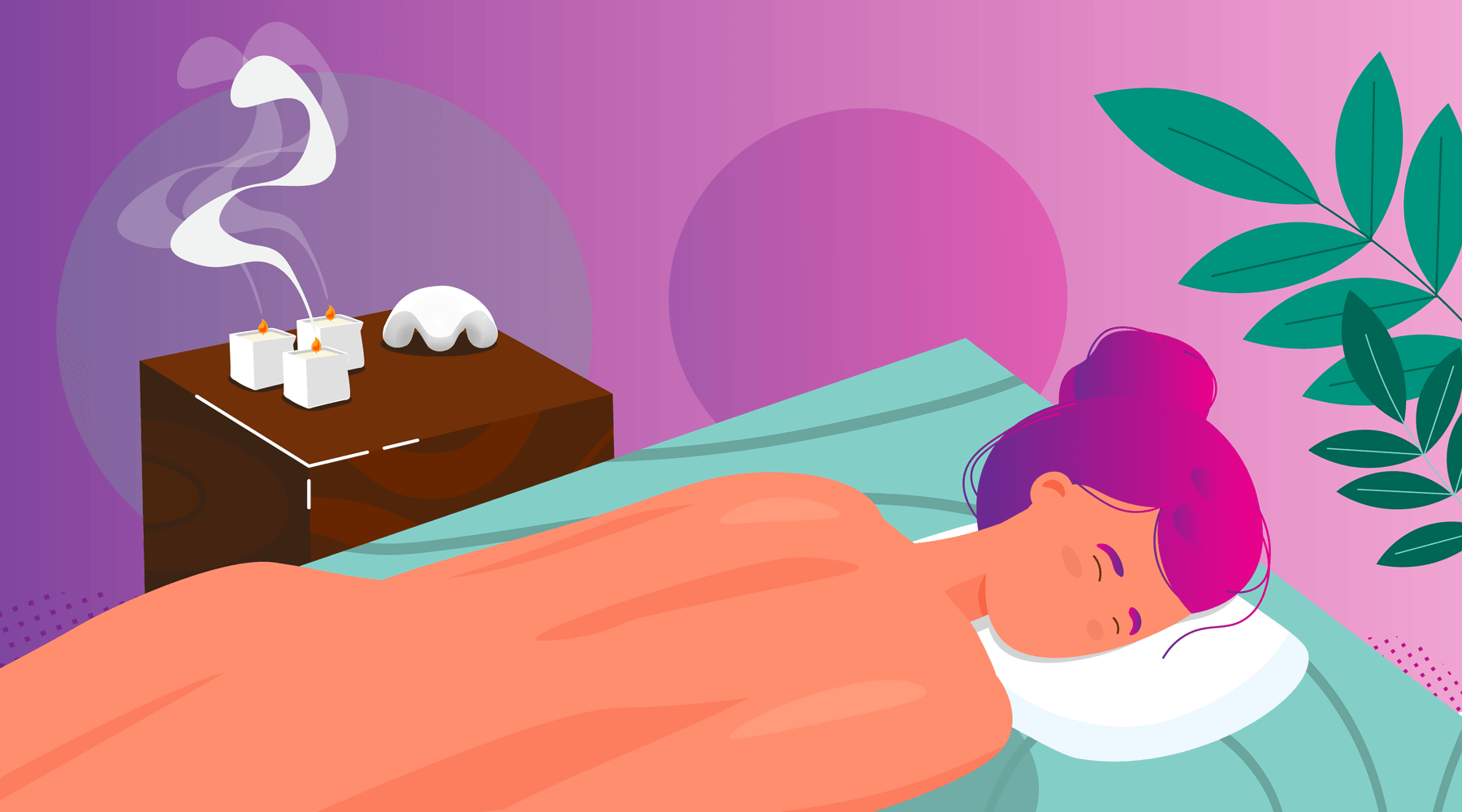 Illustration of woman relaxing on massage table with candles and oils, luxury self-care by JIMMYJANE