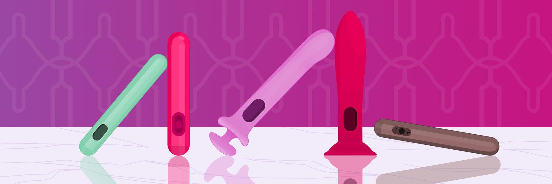 Colorful luxury adult wellness devices by JIMMYJANE on white surface, pink patterned background