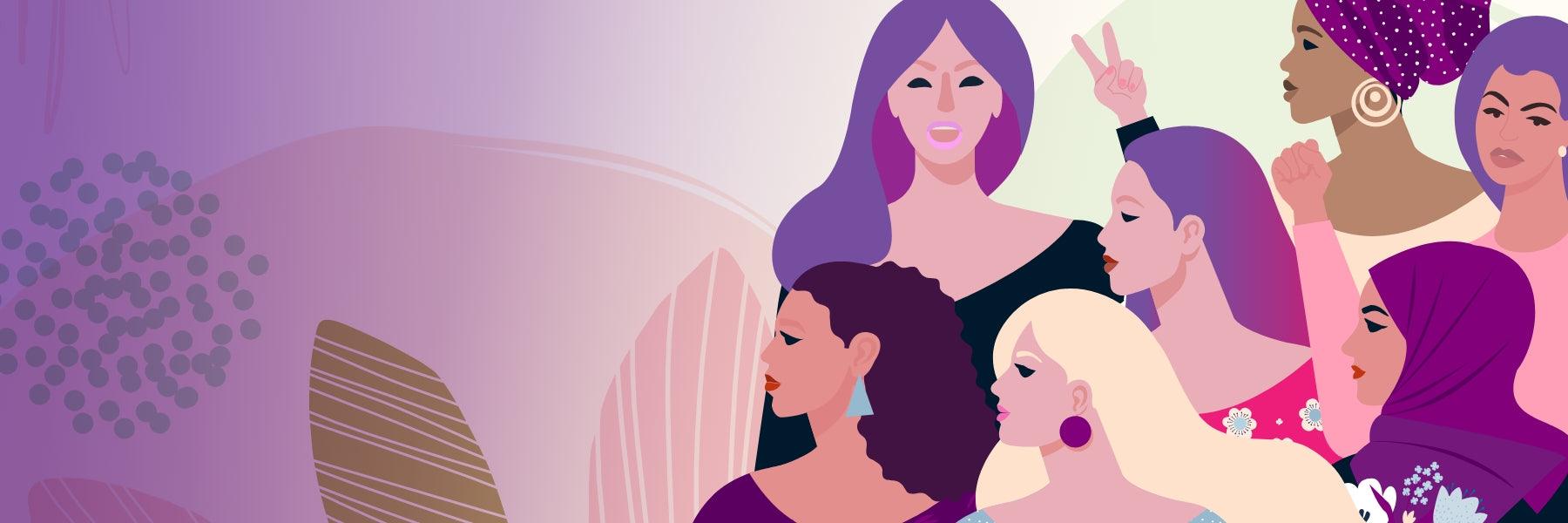 Diverse illustrated women with varied hairstyles and styles on a purple abstract background, JIMMYJANE®