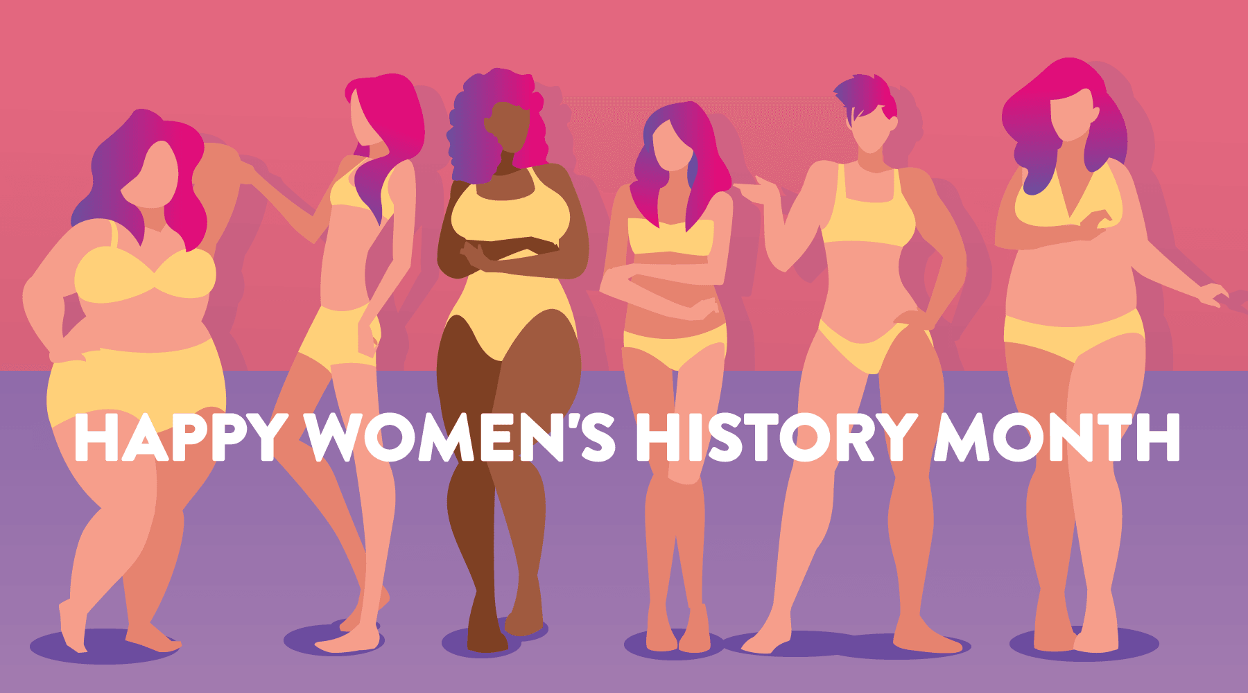 Diverse women in yellow underwear illustration with 'Happy Women's History Month' text, JIMMYJANE homepage banner