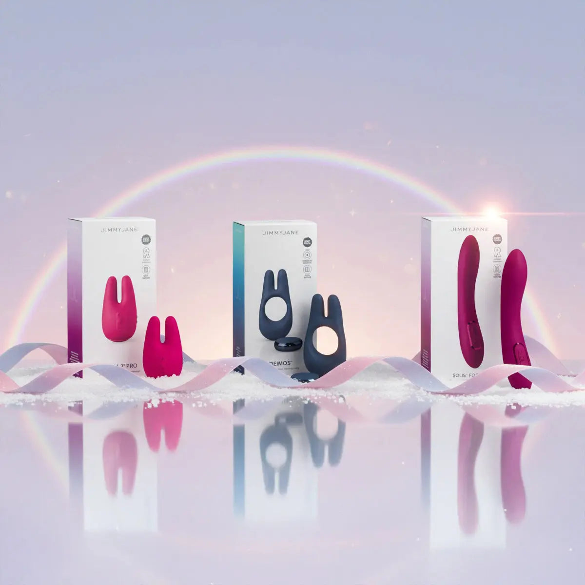 JIMMYJANE luxury adult wellness products displayed with festive ribbon and a pastel rainbow