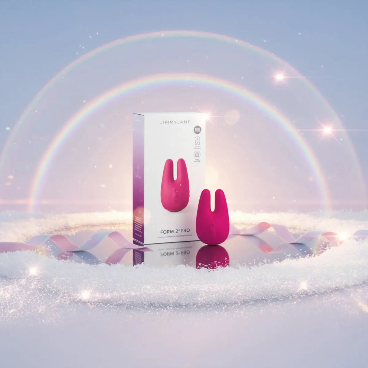 JIMMYJANE Form 2 Pro luxury wellness massager in pink with box, set on a sparkling background with rainbows.