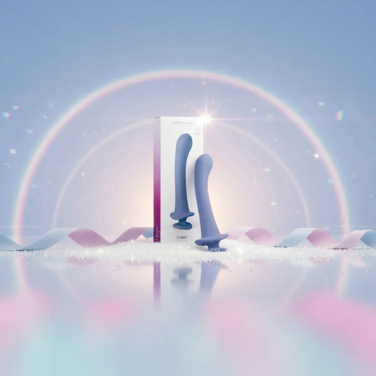 Luxury JIMMYJANE CYRA product in stylish box with pastel background and rainbow glow