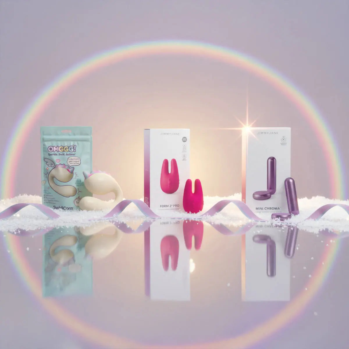 Luxury JIMMYJANE wellness products displayed with pastel packaging and a rainbow backdrop