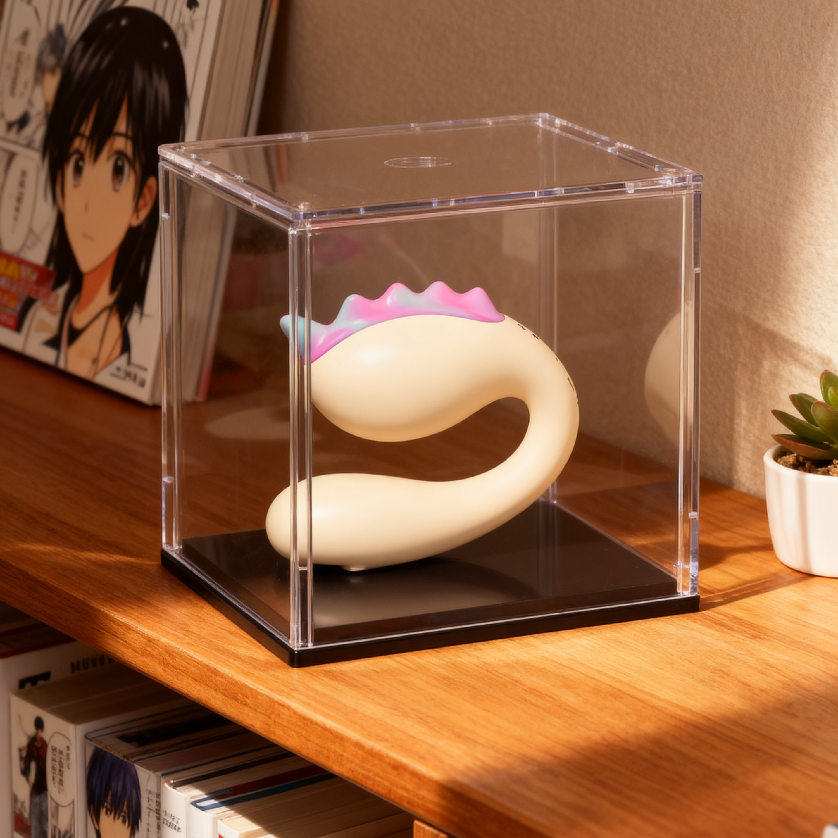 Toy figure in a clear display case on a wooden surface with books and a plant in the background