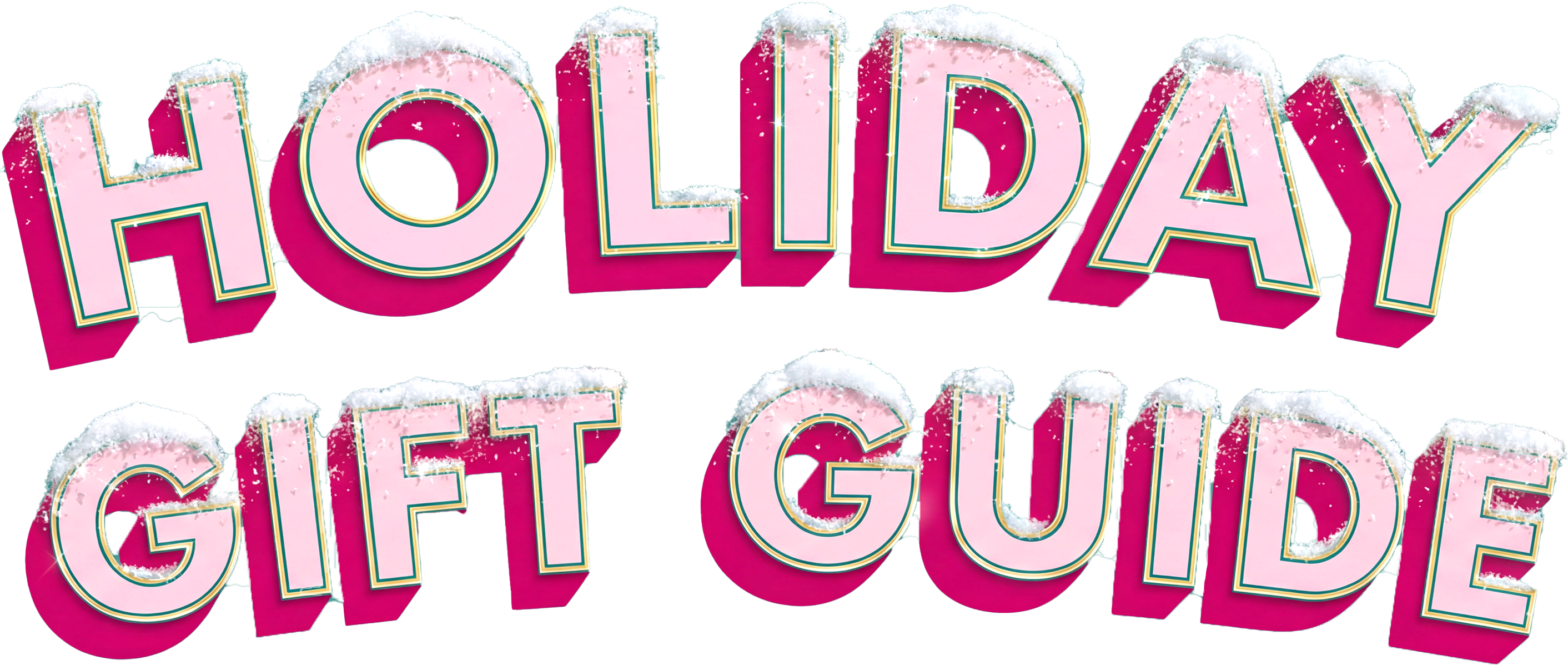 Pink and white 'Holiday Gift Guide' text with decorative elements