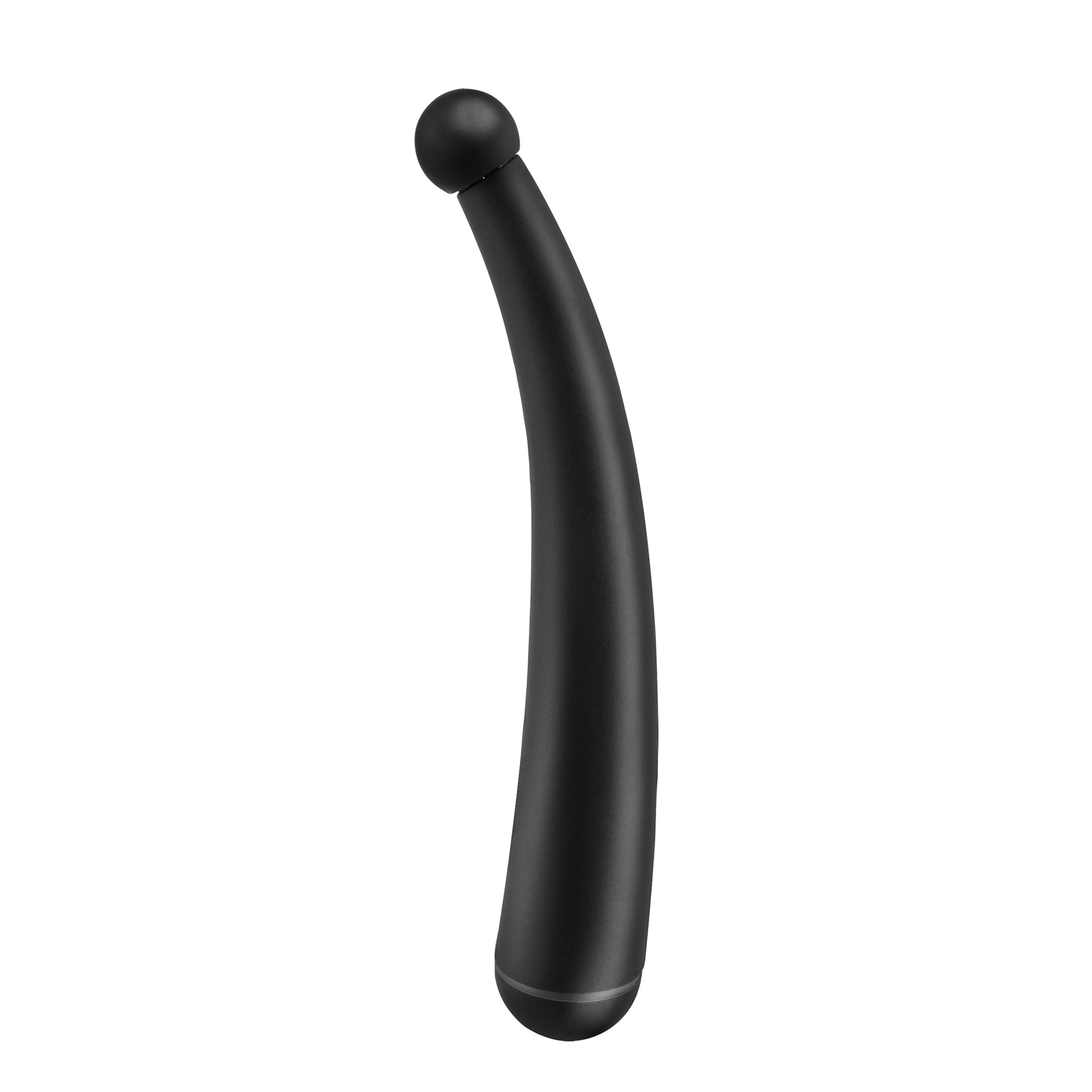 Black curved toy standing up on a white background