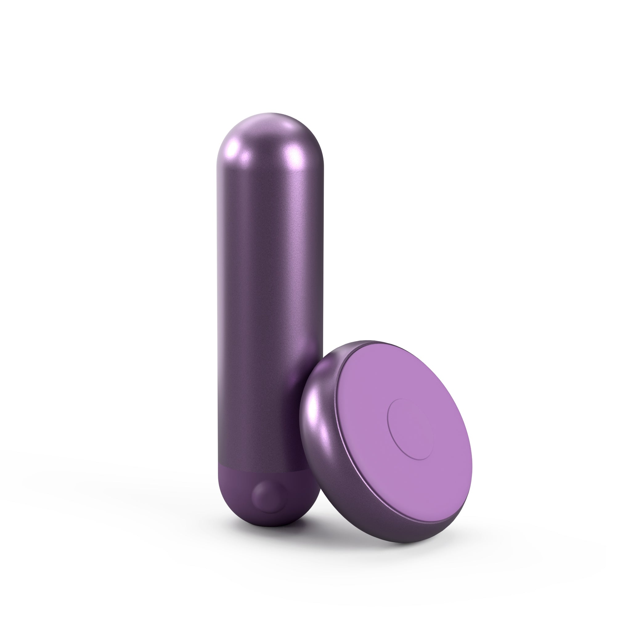The JIMMYJANE® Chroma™ Mini with Remote, a small purple aluminum bullet, sits next to its matching round purple remote control vibrator on a white background.