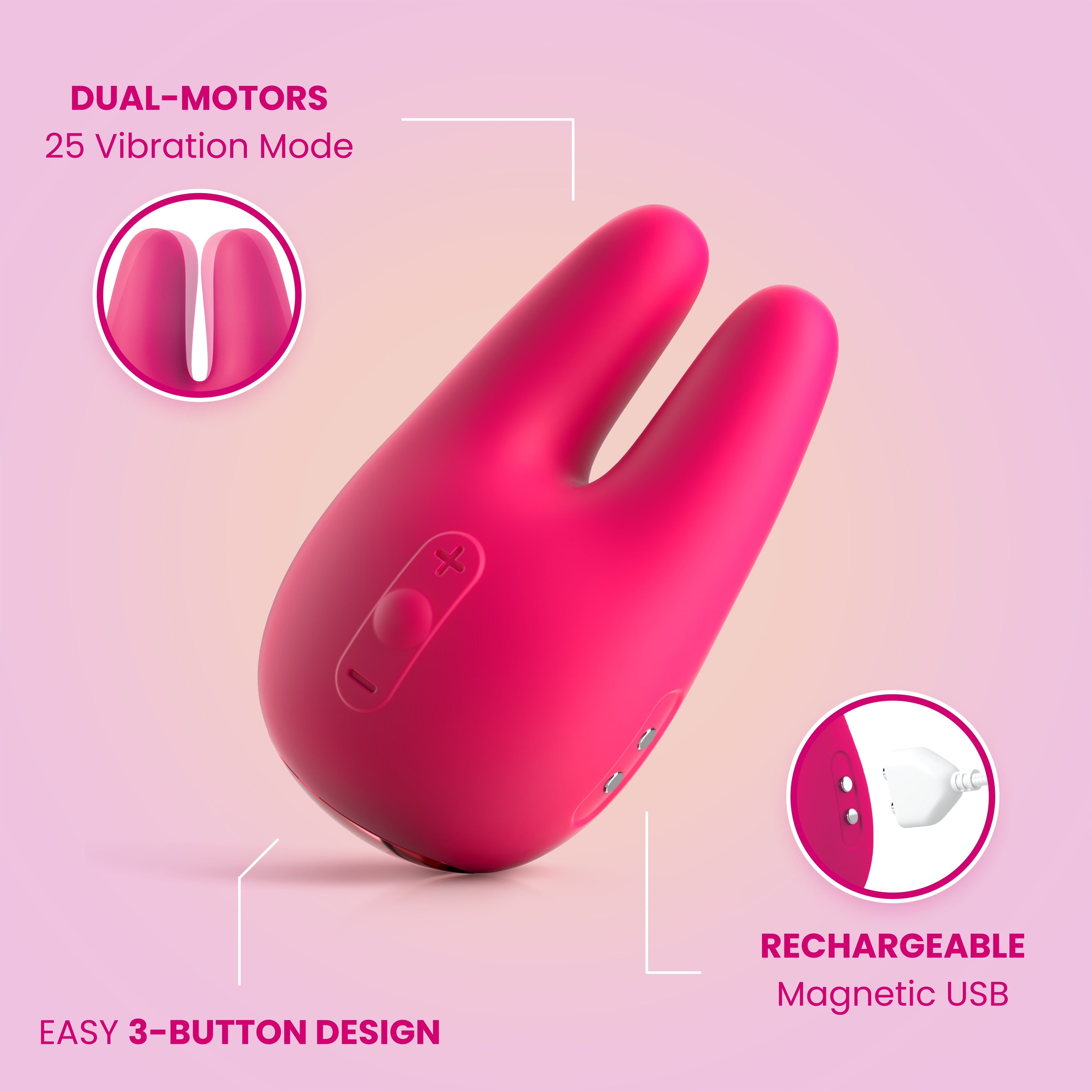 The JIMMYJANE® Form 2® Pro is a pink dual-motor vibrator with a 3-button design, delivering powerful clitoral stimulation and USB rechargeability, pictured on a pink background with feature highlights.