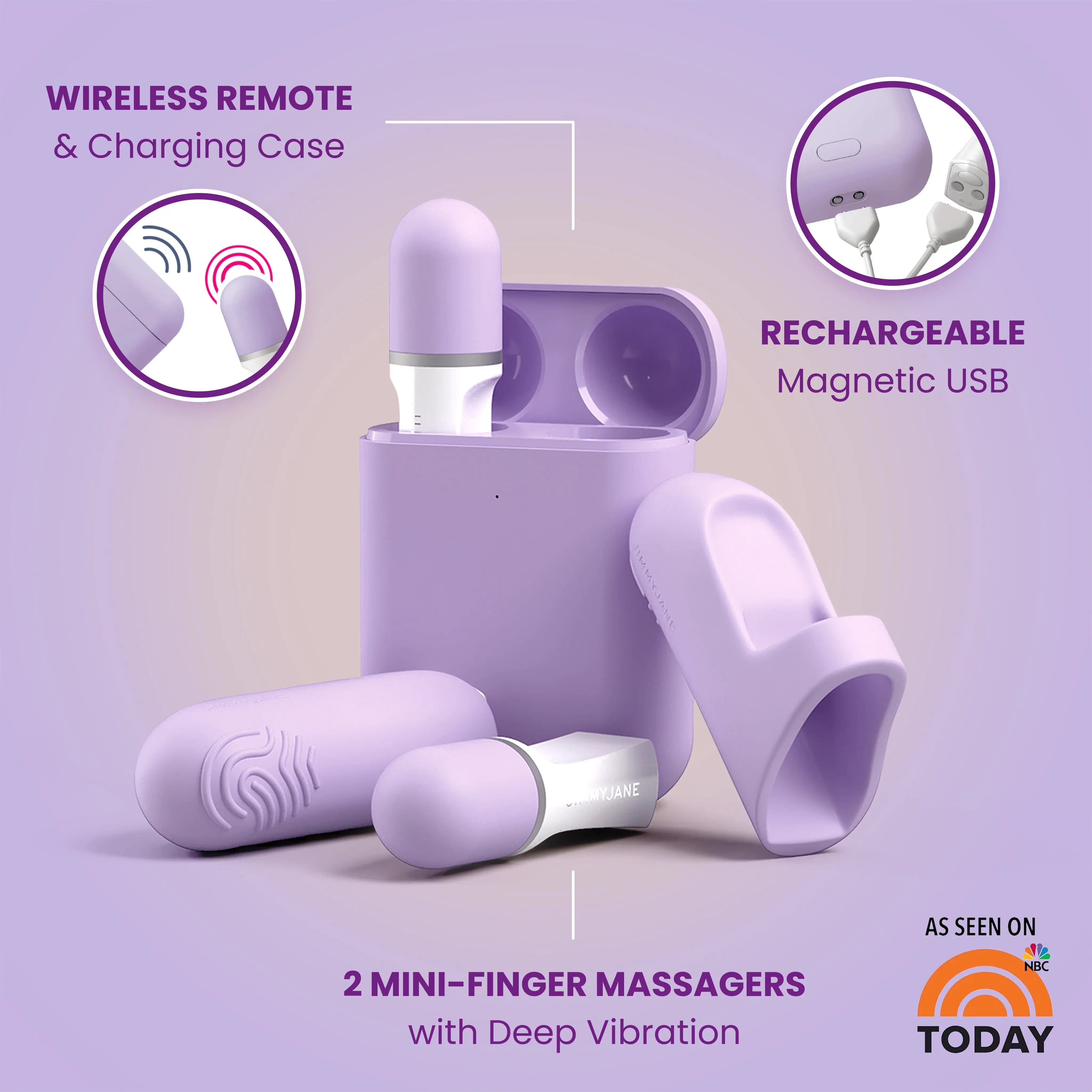 JIMMYJANE wireless rechargeable mini-finger massagers set with charging case, lavender color.