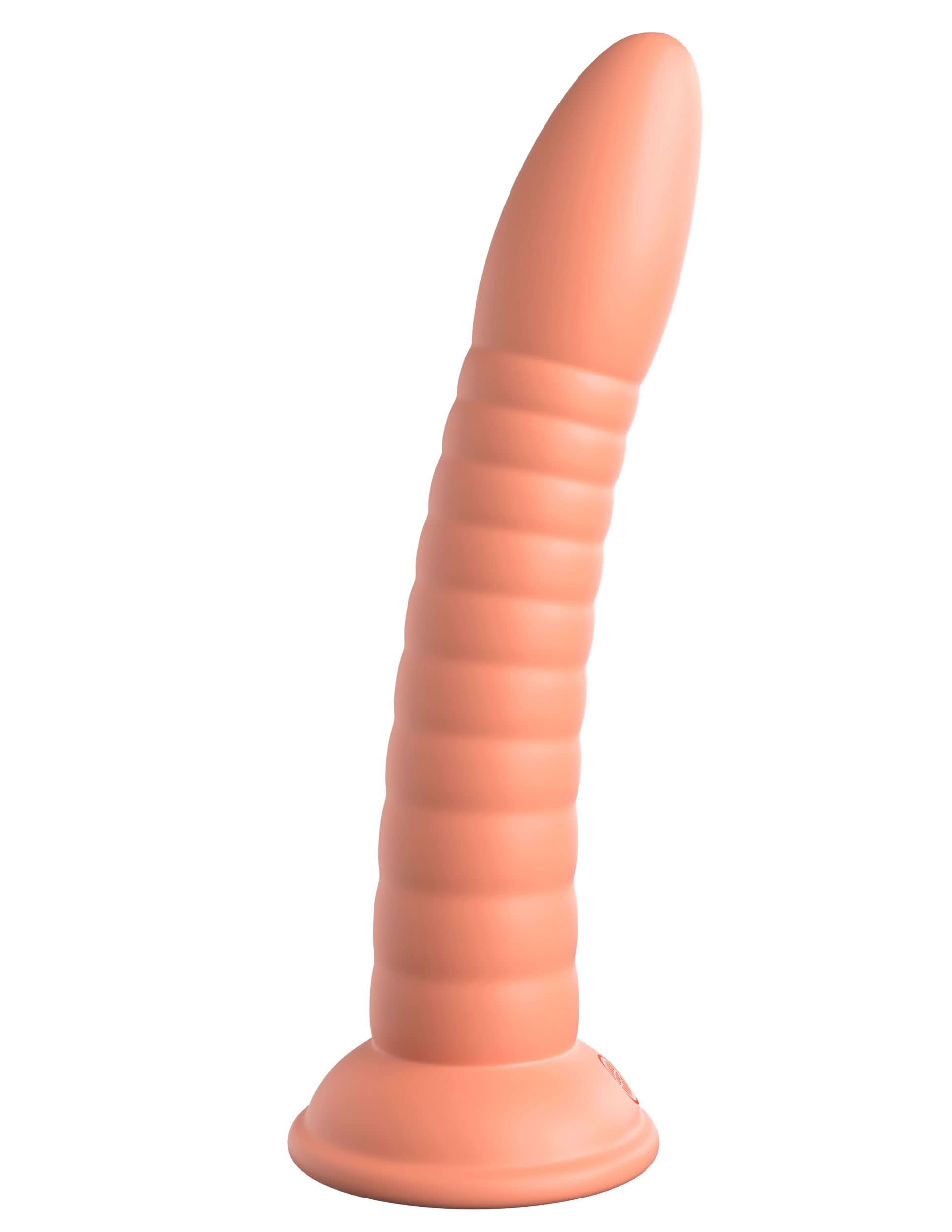 The Dillio® Platinum Wild Thing by Dillio® Platinum is a ribbed, flesh-toned platinum-cured silicone dildo with a curved shape and suction cup base, ideal for strap-on harness use.