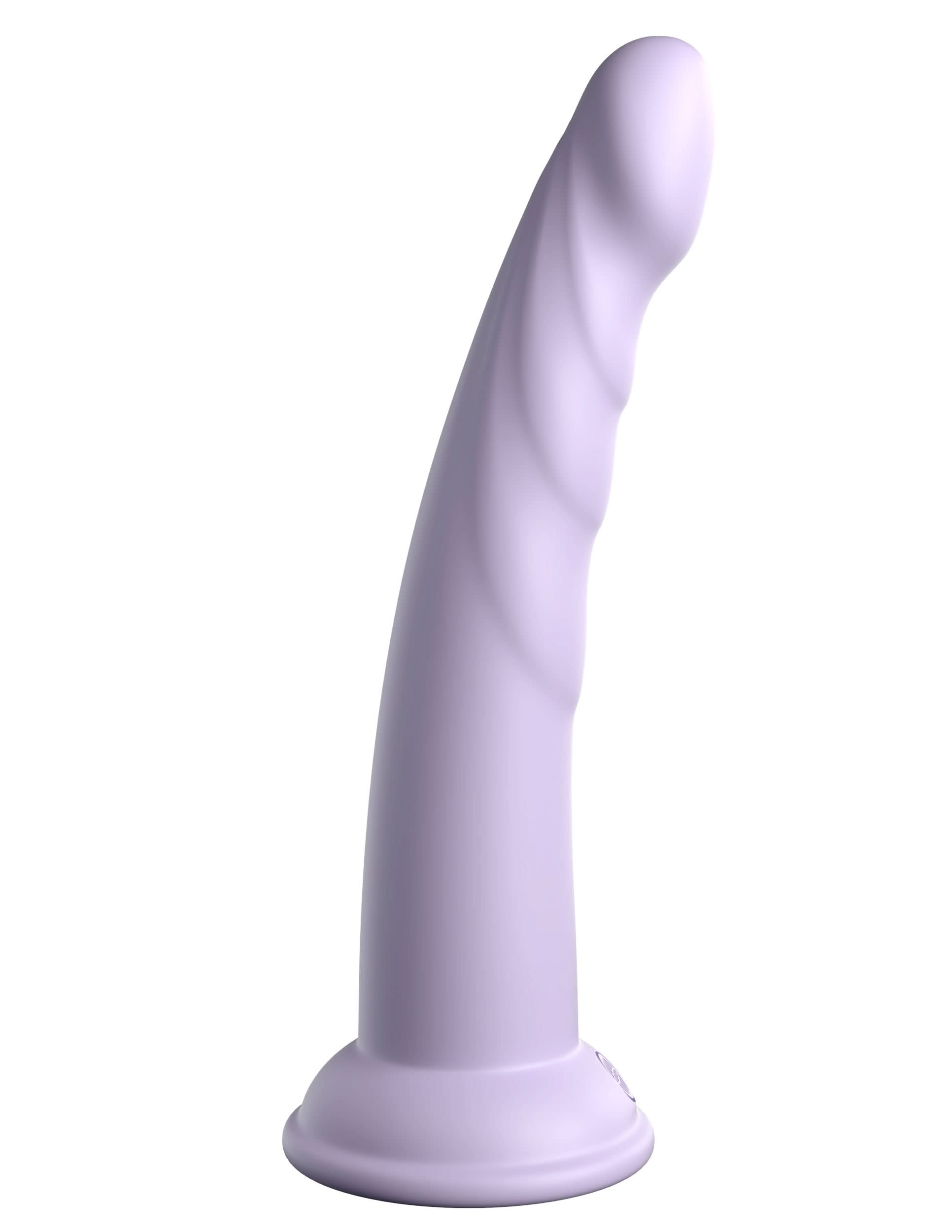 The Dillio® Platinum Slim Seven by Dillio® Platinum is a lavender dildo made from platinum-cured silicone, featuring a curved, textured design and a solid suction cup base for versatile play.