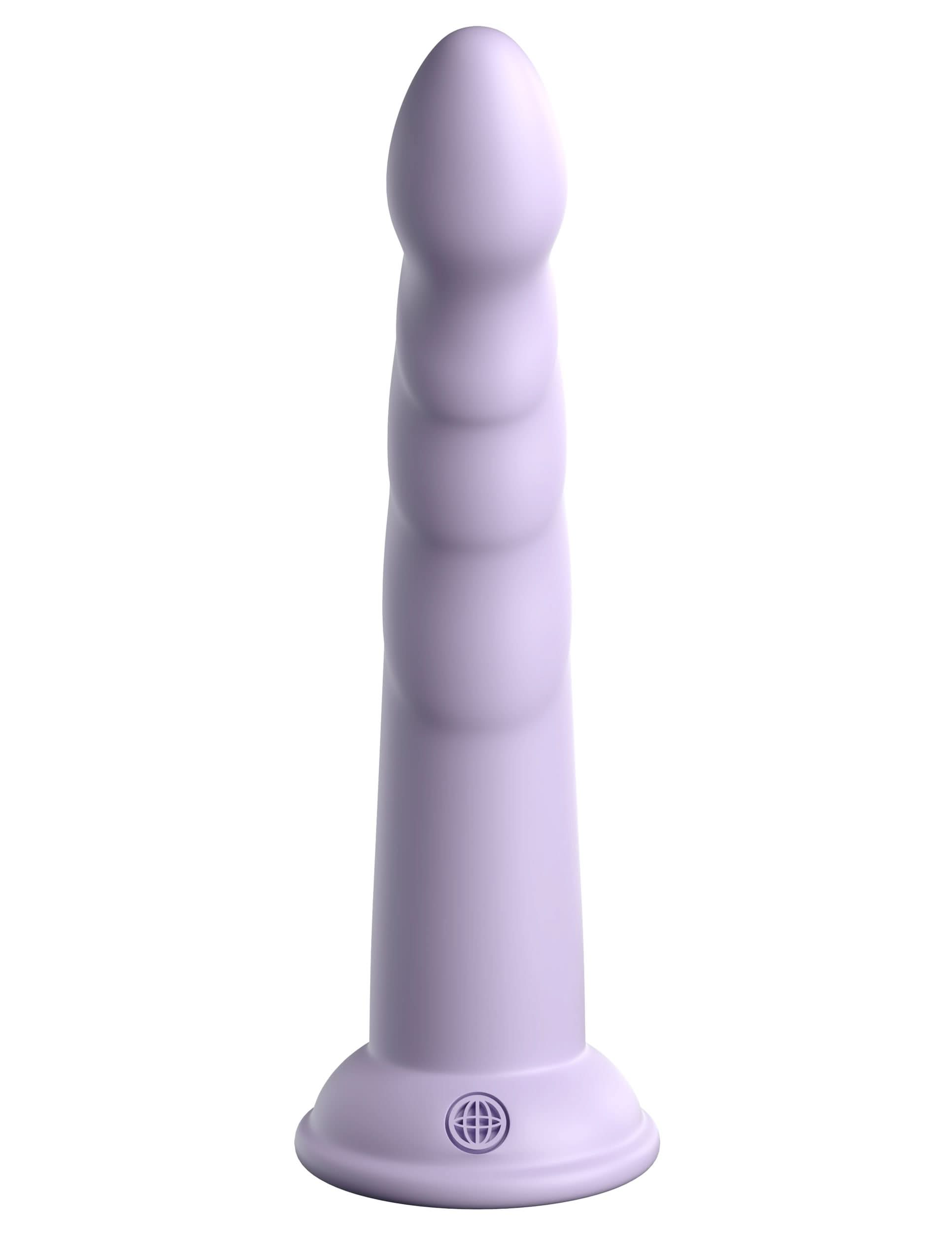 The Dillio® Platinum Slim Seven from Dillio® Platinum features platinum-cured silicone, a ribbed texture, and a solid suction cup base, standing upright in sleek lavender.