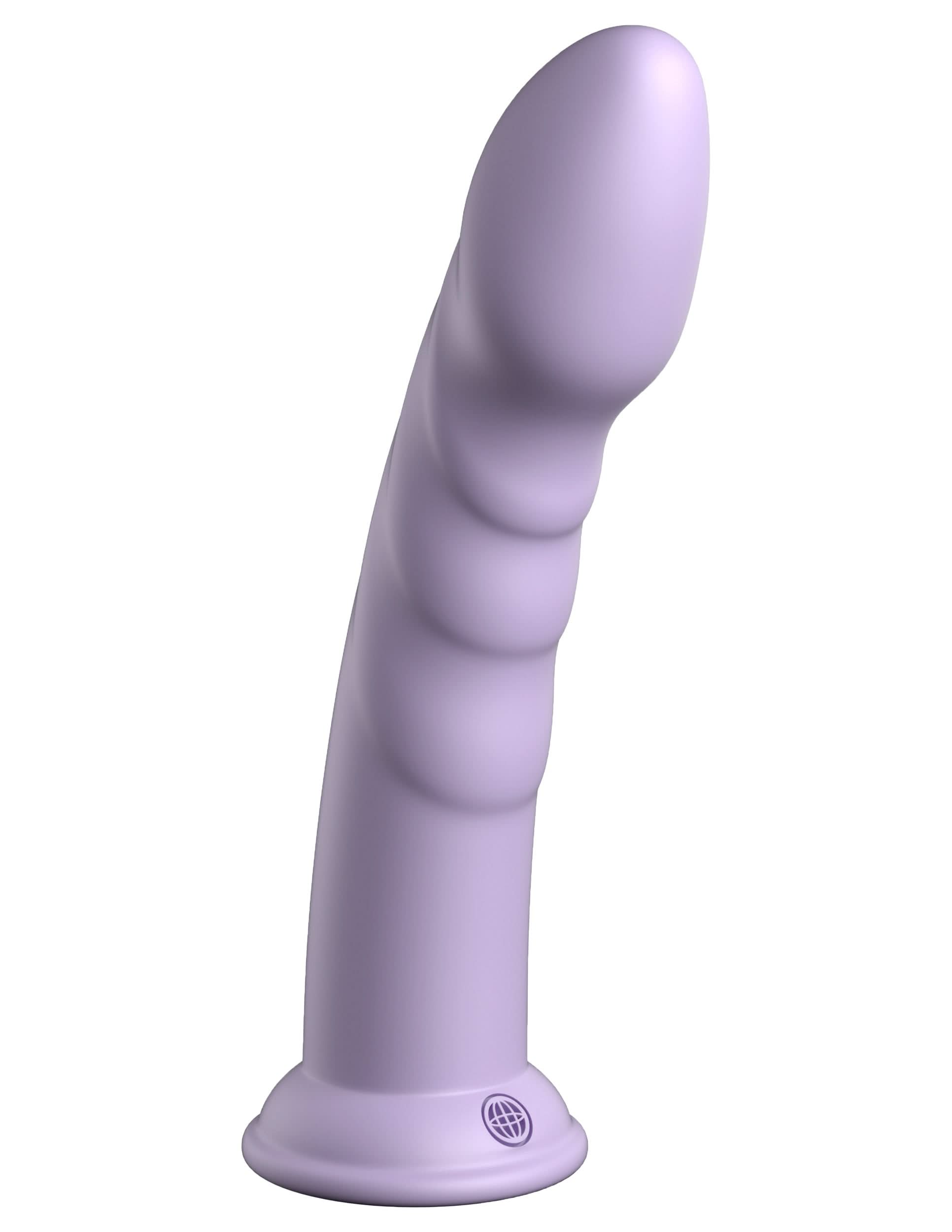 The Dillio® Platinum Super Eight by Dillio® Platinum is a lavender, platinum-cured silicone dildo with a curved, textured shaft and solid suction cup base, shown upright on white; compatible with universal strap-on harnesses.