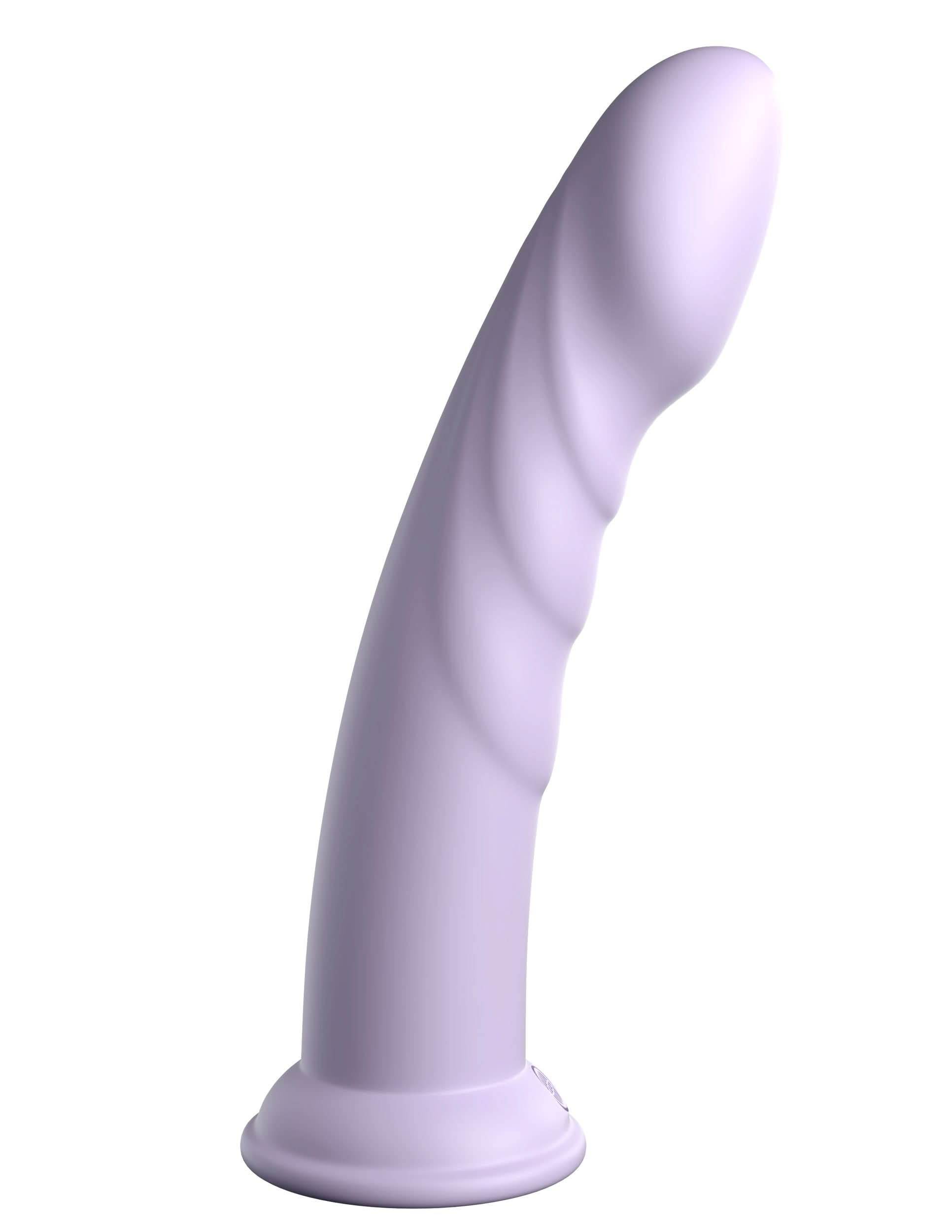 The Dillio® Platinum Super Eight by Dillio® Platinum is a light purple, platinum-cured silicone dildo with a curved, spiral-textured design and solid suction cup base, compatible with most universal strap-on harnesses.