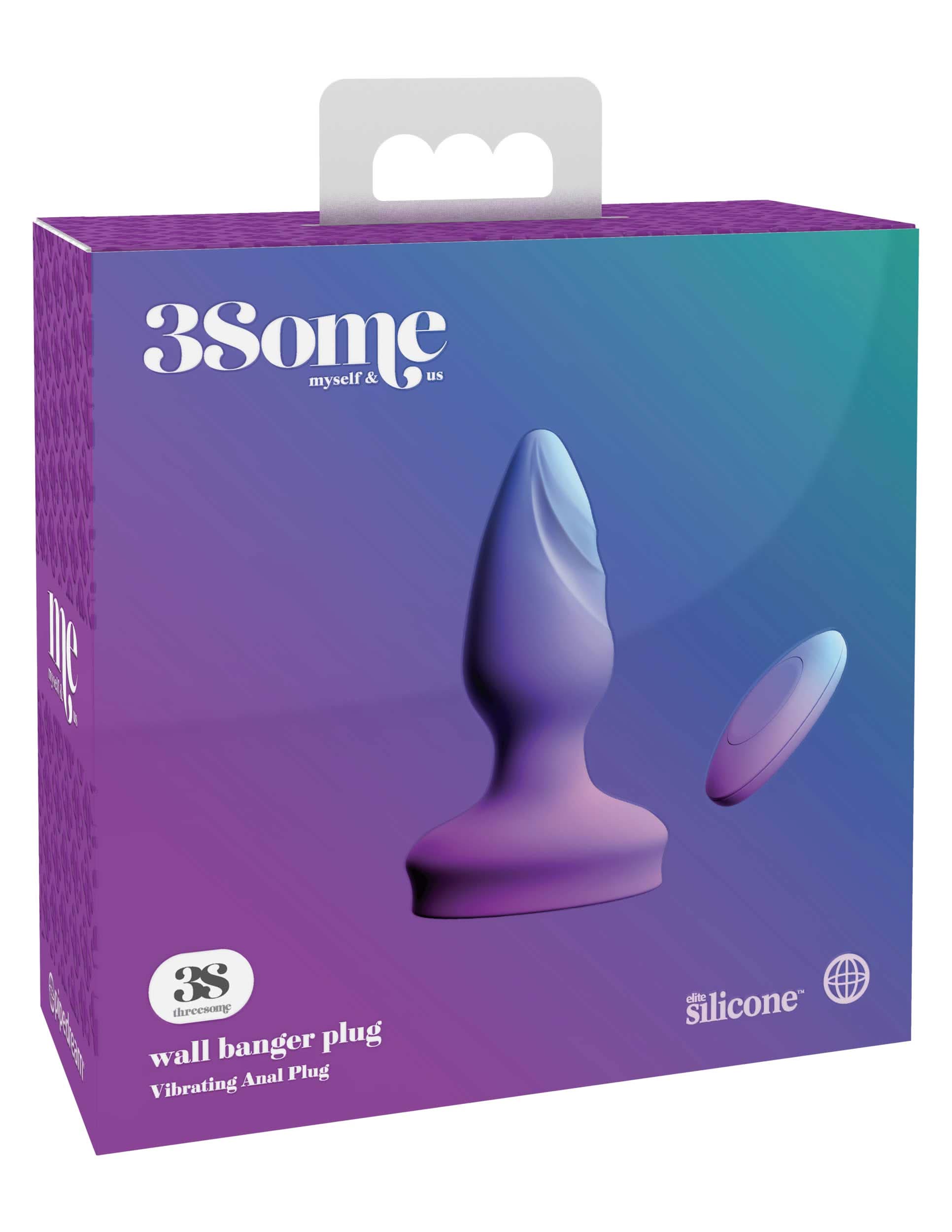 Purple box featuring the Pipedream® Wall Banger Plug by 3Some, a vibrating massager with a remote and secure suction cup base—ideal for hands-free pleasure.