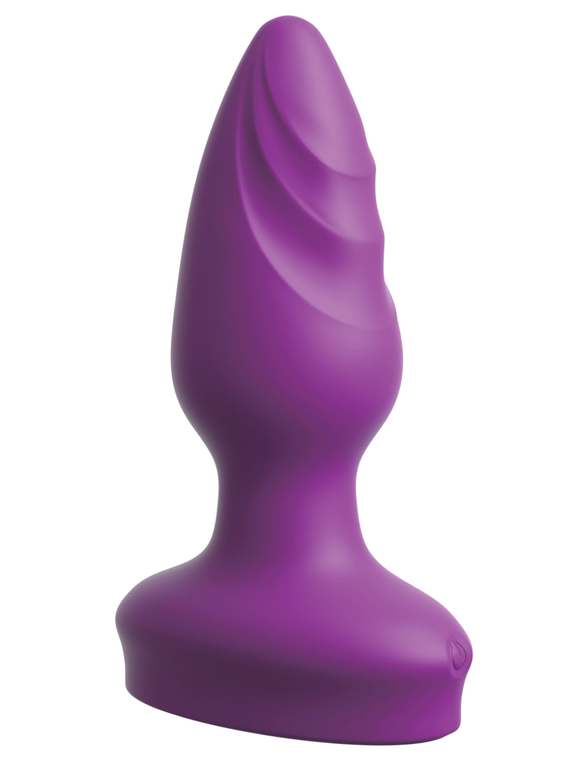 The 3Some Pipedream® Wall Banger Plug is a purple silicone butt plug featuring a spiral design and a wide, flat suction cup base for secure placement.