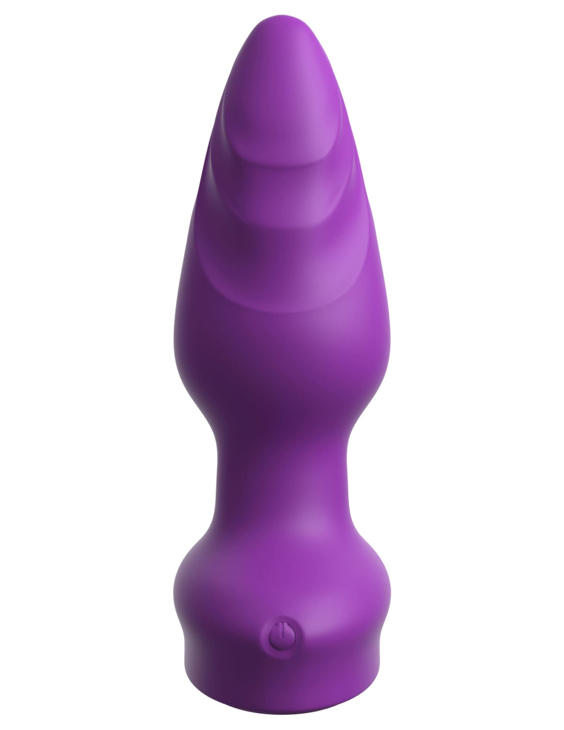 The Pipedream® Wall Banger Plug by 3Some is a purple silicone plug with a ridged design, vibrating massager function, and an easy-to-use power button at the base.