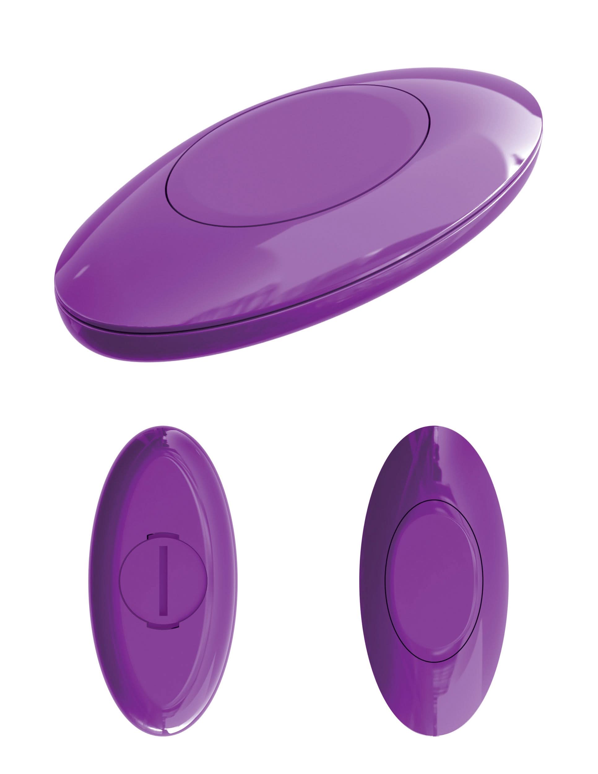 Three views of the 3Some Pipedream® Wall Banger Plug, an oval-shaped purple vibrator with a central control panel and a sturdy suction cup base for hands-free pleasure.