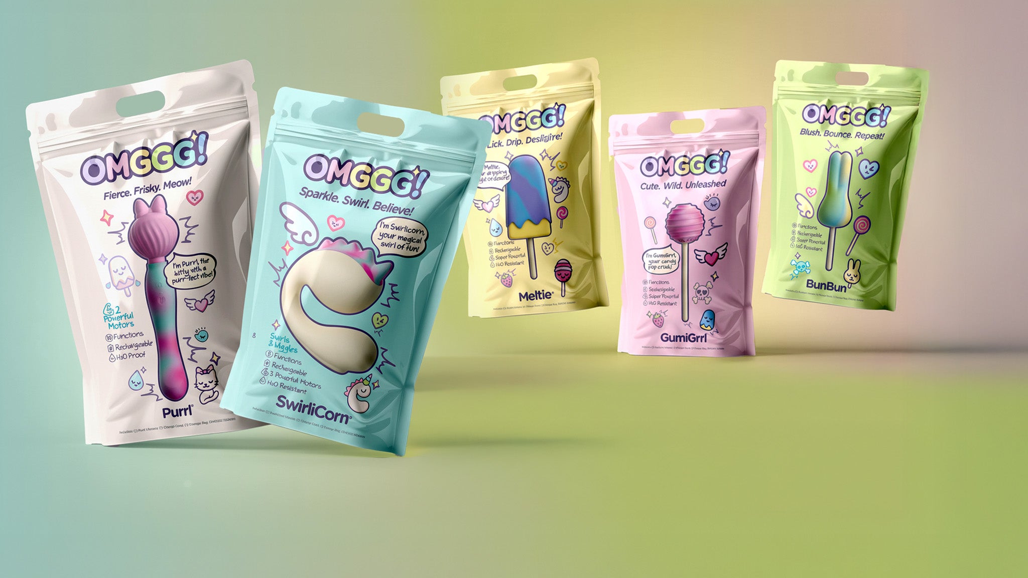 Five colorful 'OMGGO!' product packages on a gradient background