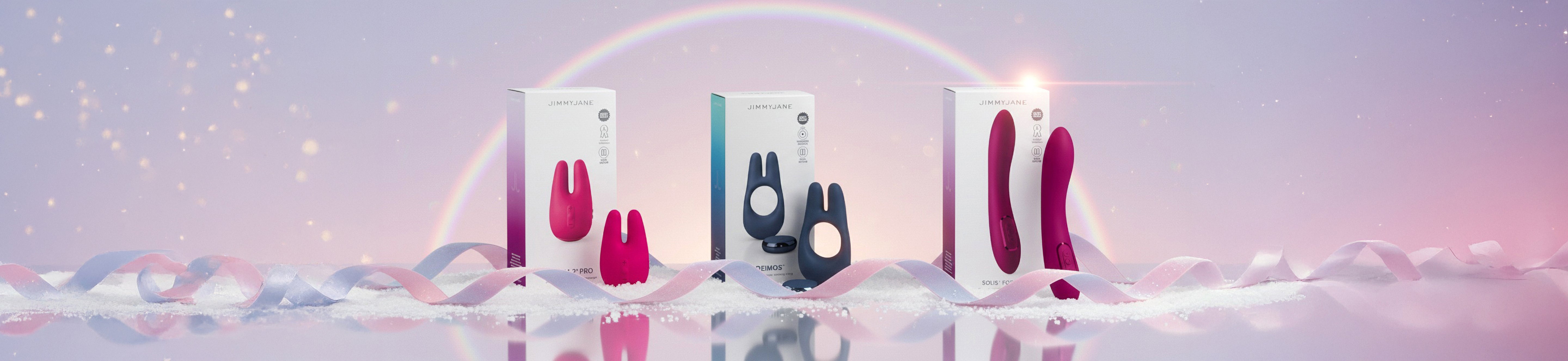 Three product boxes with a pink and blue design on a gradient background