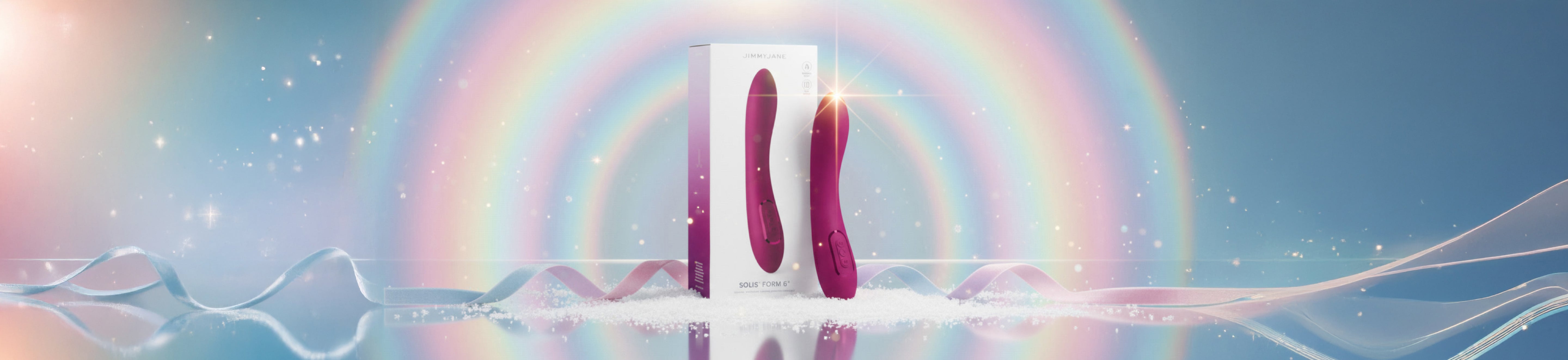 Two candles with a rainbow and wavy light effects on a blue background