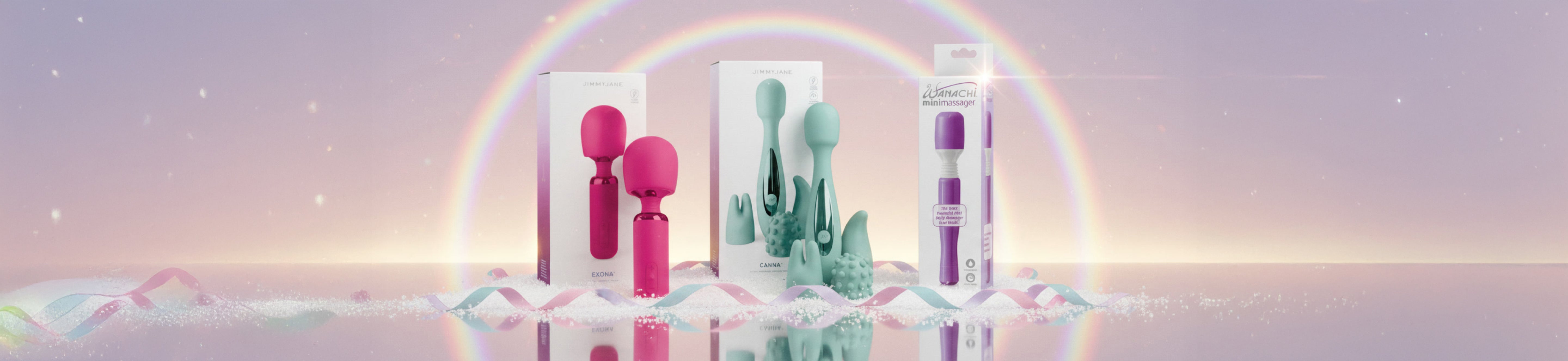 Set of beauty tools with a rainbow arch in the background