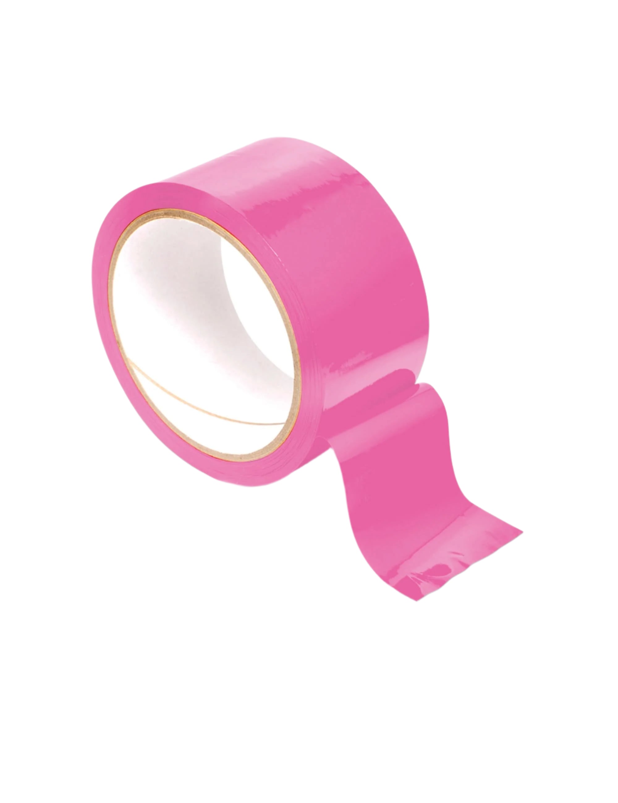 The Pink Fetish Fantasy Series® Tape by Fetish Fantasy Series® is a shiny PVC tape in bright pink, shown with a loose end on a white background—ideal for creative fetish play or as versatile Pleasure Tape.