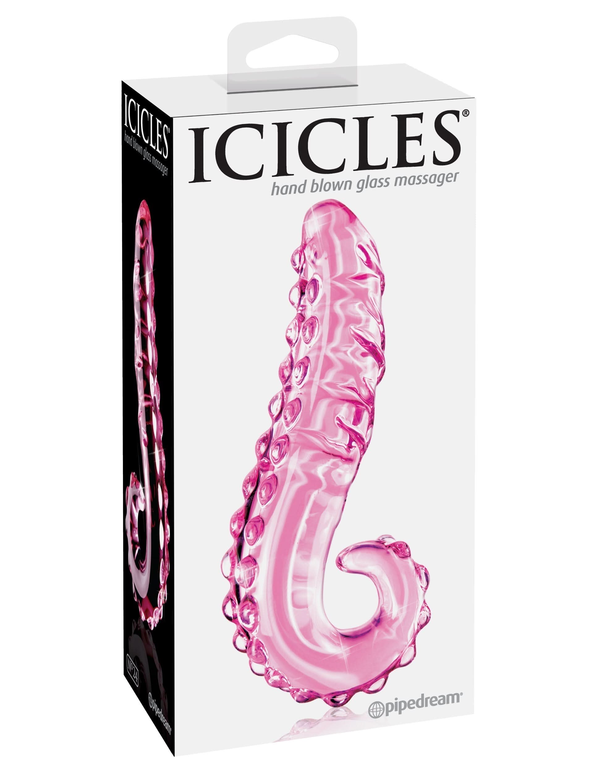 The Icicles® No. 24 by Icicles® is a hand-blown, hypoallergenic glass massager featuring a pink, textured, and curved design displayed on the front of the box.