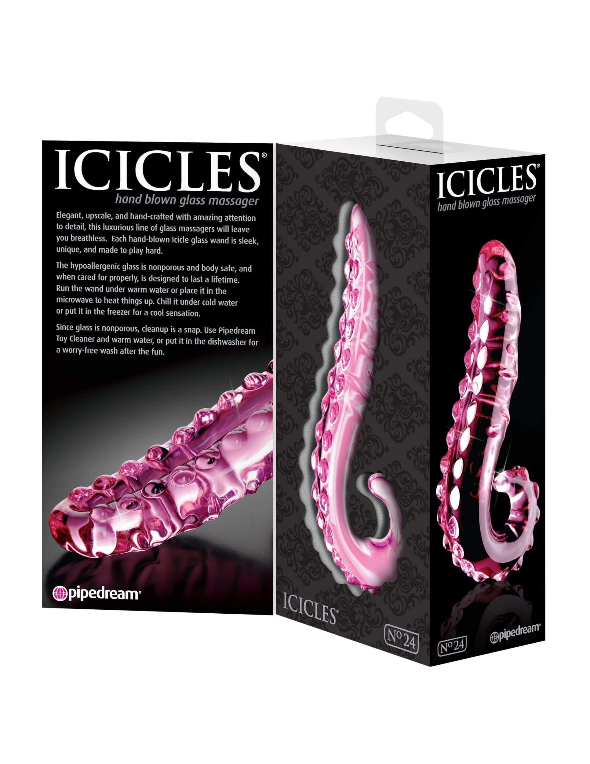 The Icicles® No. 24 pink, tentacle-shaped glass massager by Icicles® is shown in and on its black packaging with white text.