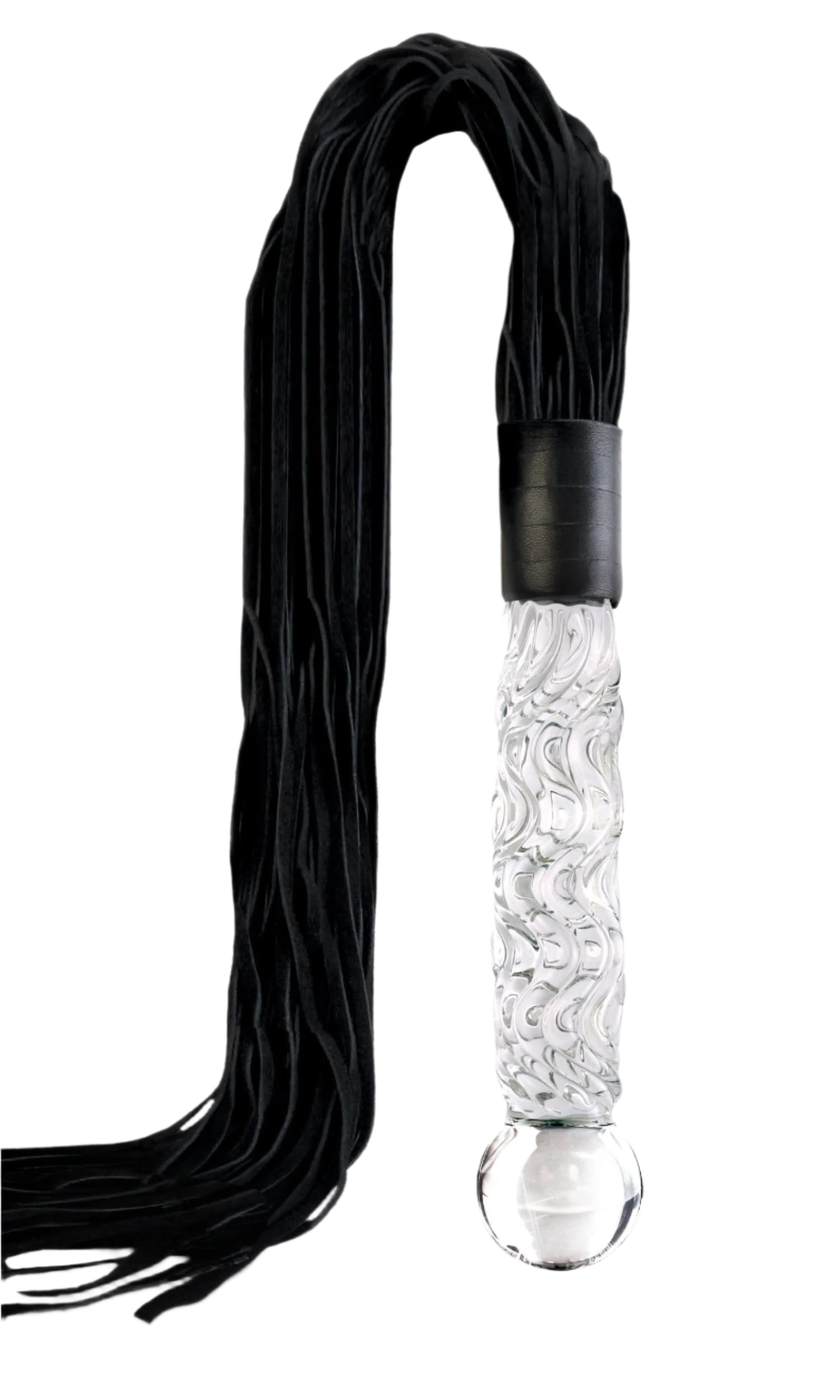 The Icicles® No. 38 by Icicles® features black suede tails and a clear glass grip with hand-blown textured swirls.