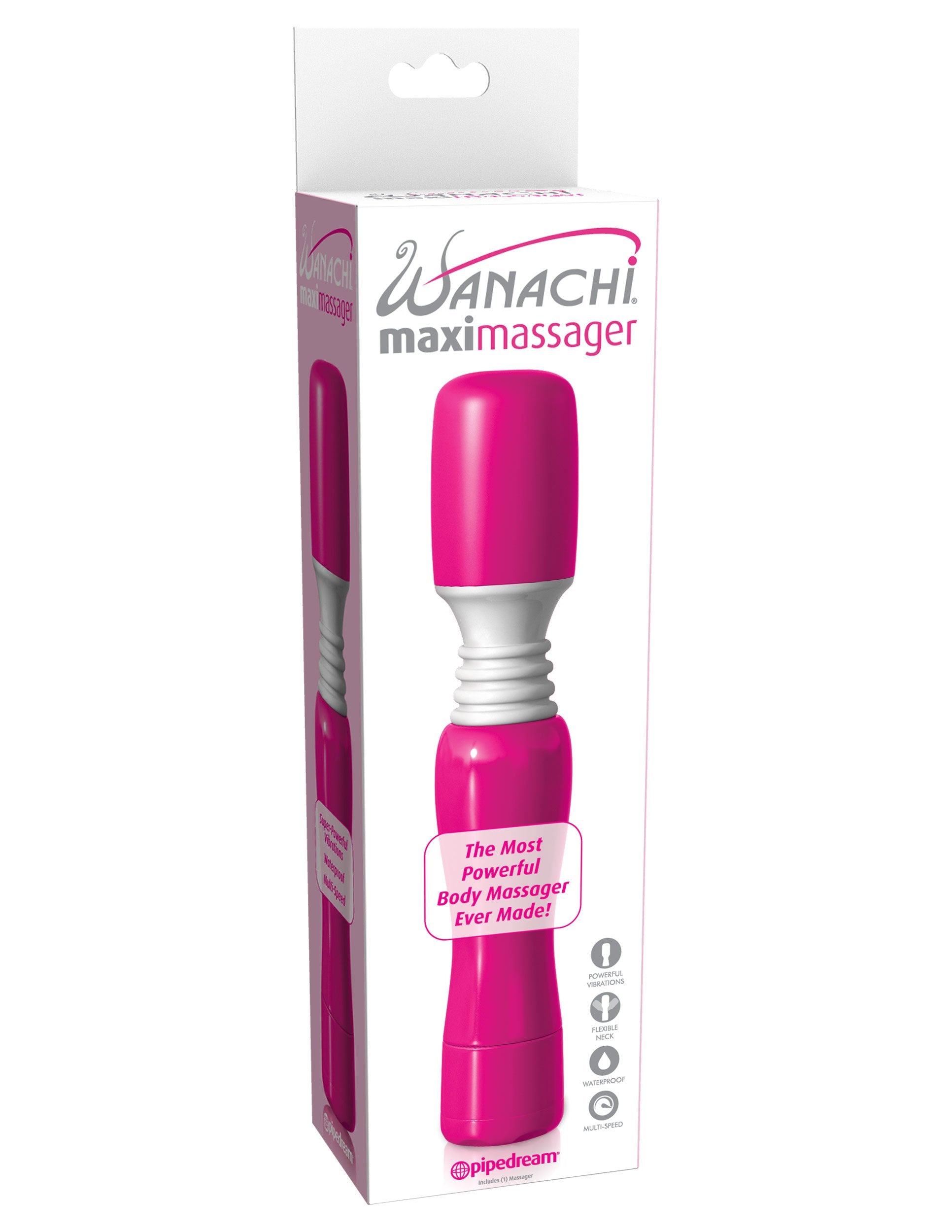 Pink massage wand with white base in packaging on a white background