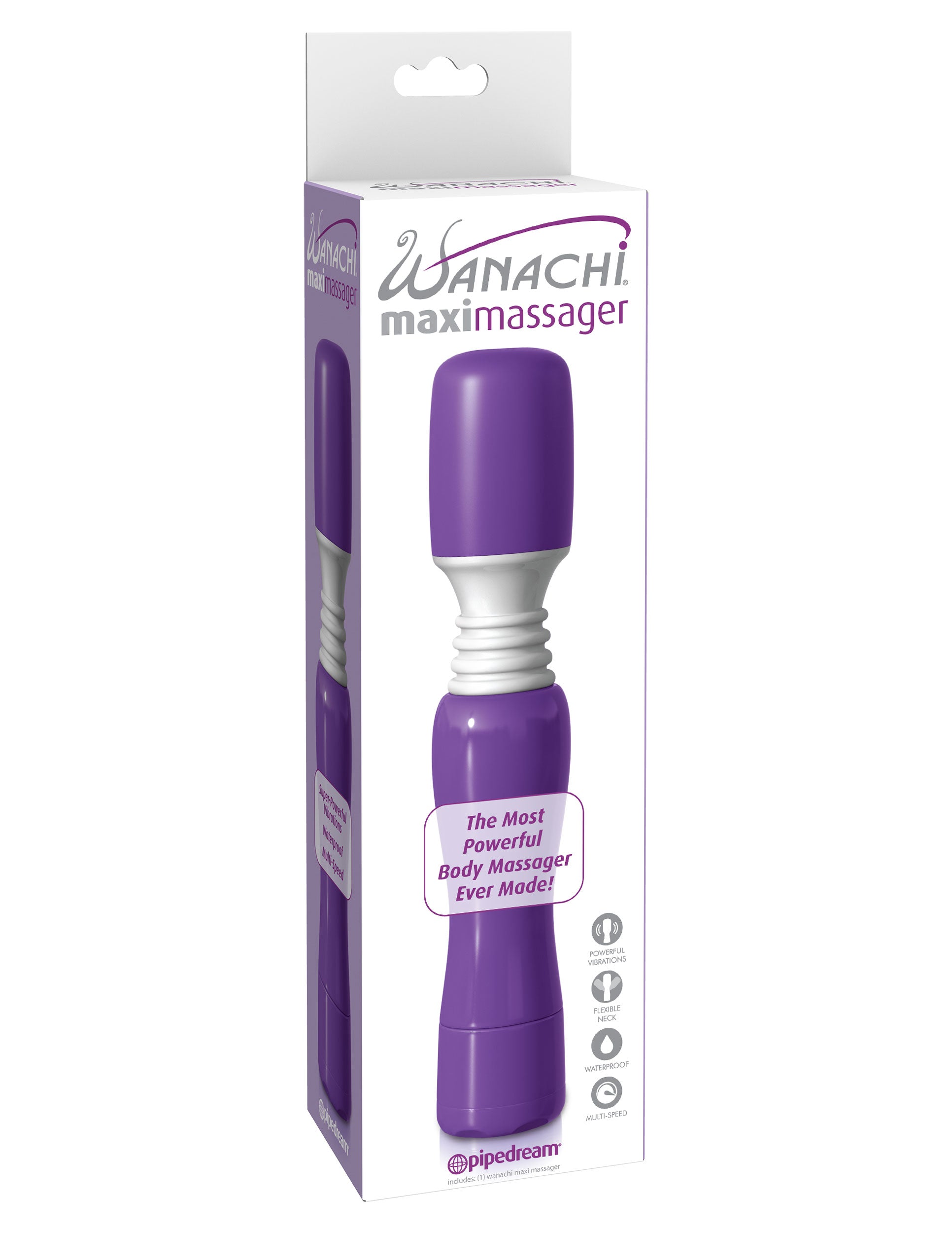 Purple massage wand with white base in packaging on a white background