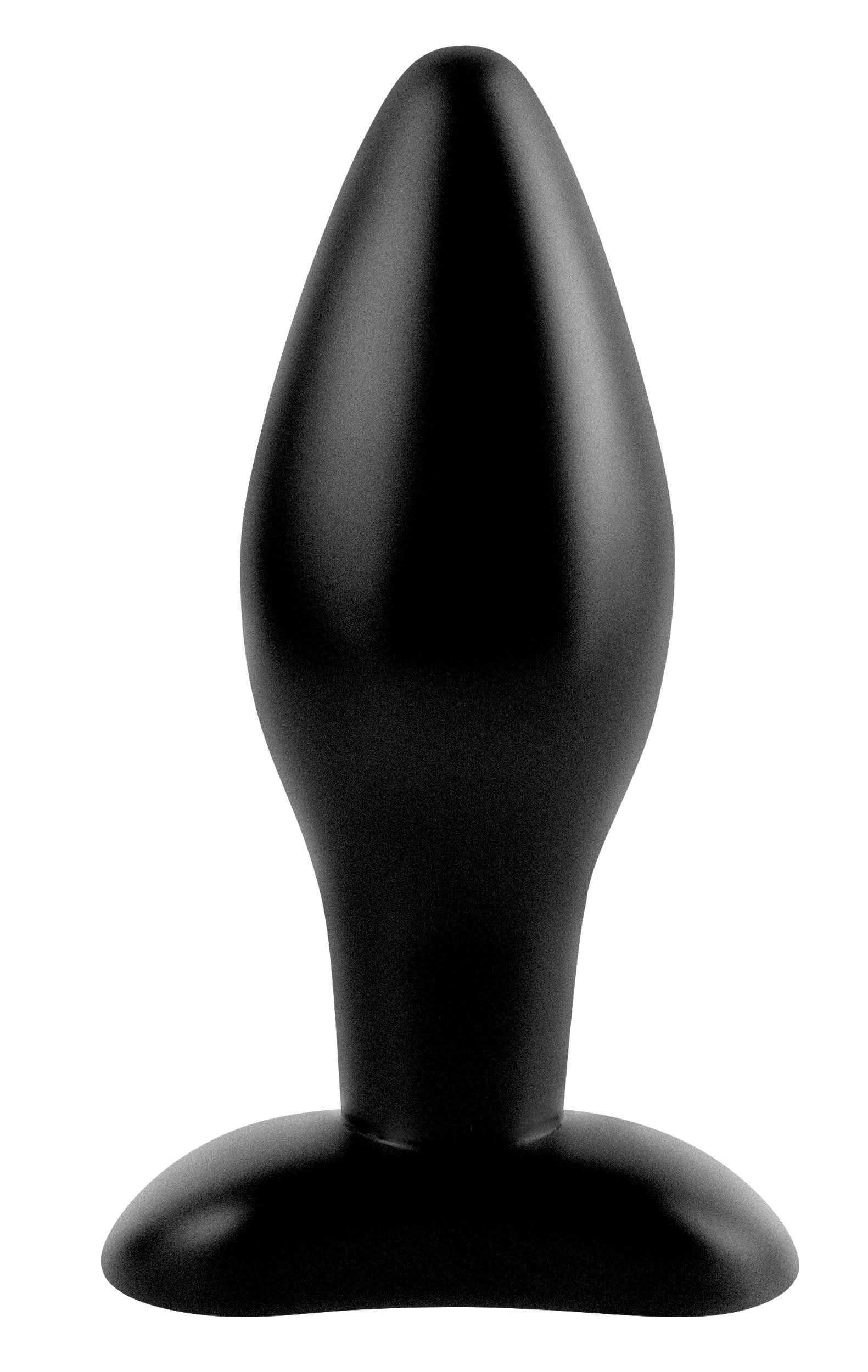 The Anal Fantasy Collection Medium Silicone Plug, in black, features an ergonomic design and flared base. Made from ultra-hygienic Elite Silicone, it is shown against a white background.
