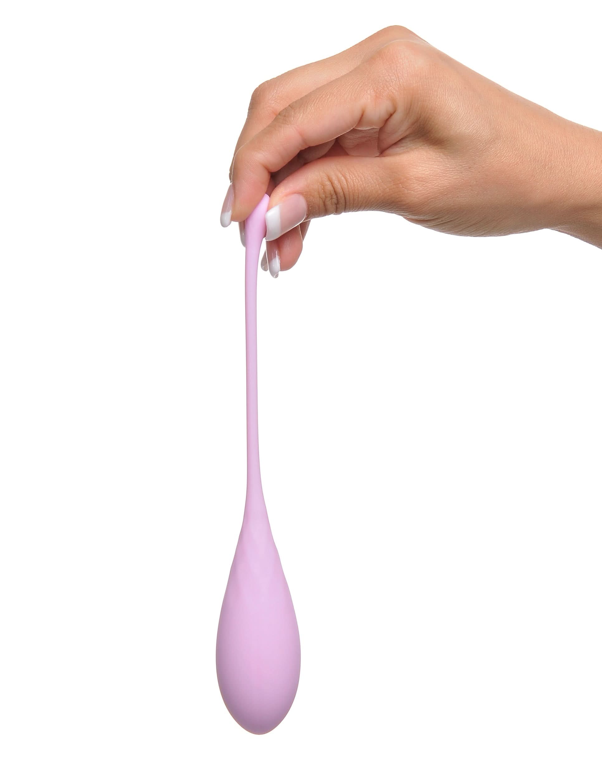 A hand stretches the light purple silicone Pipedream® Kegel Train-Her Set by Fantasy® For Her, forming a teardrop shape.
