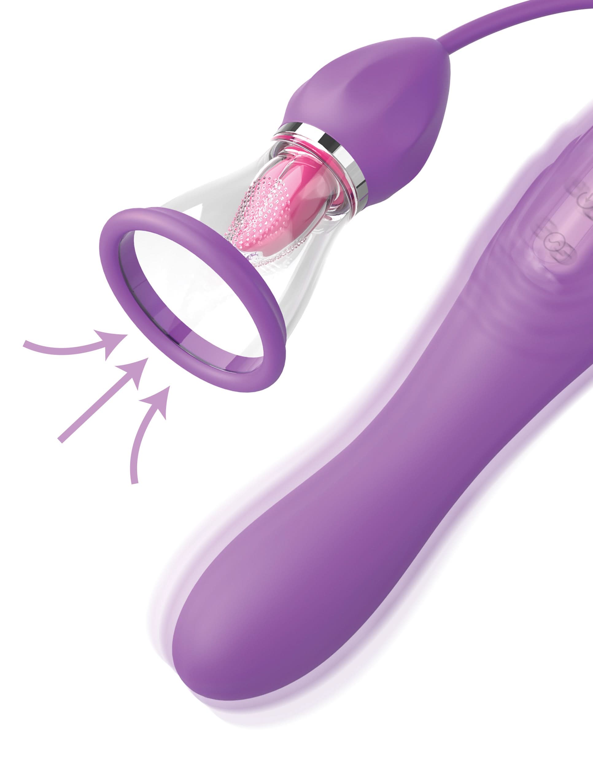 The Fantasy® For Her Ultimate Pleasure Max, a purple suction sex toy made from Elite Silicone, is shown with airflow arrows beside a matching vibrator, evoking oral sex play against a white background.