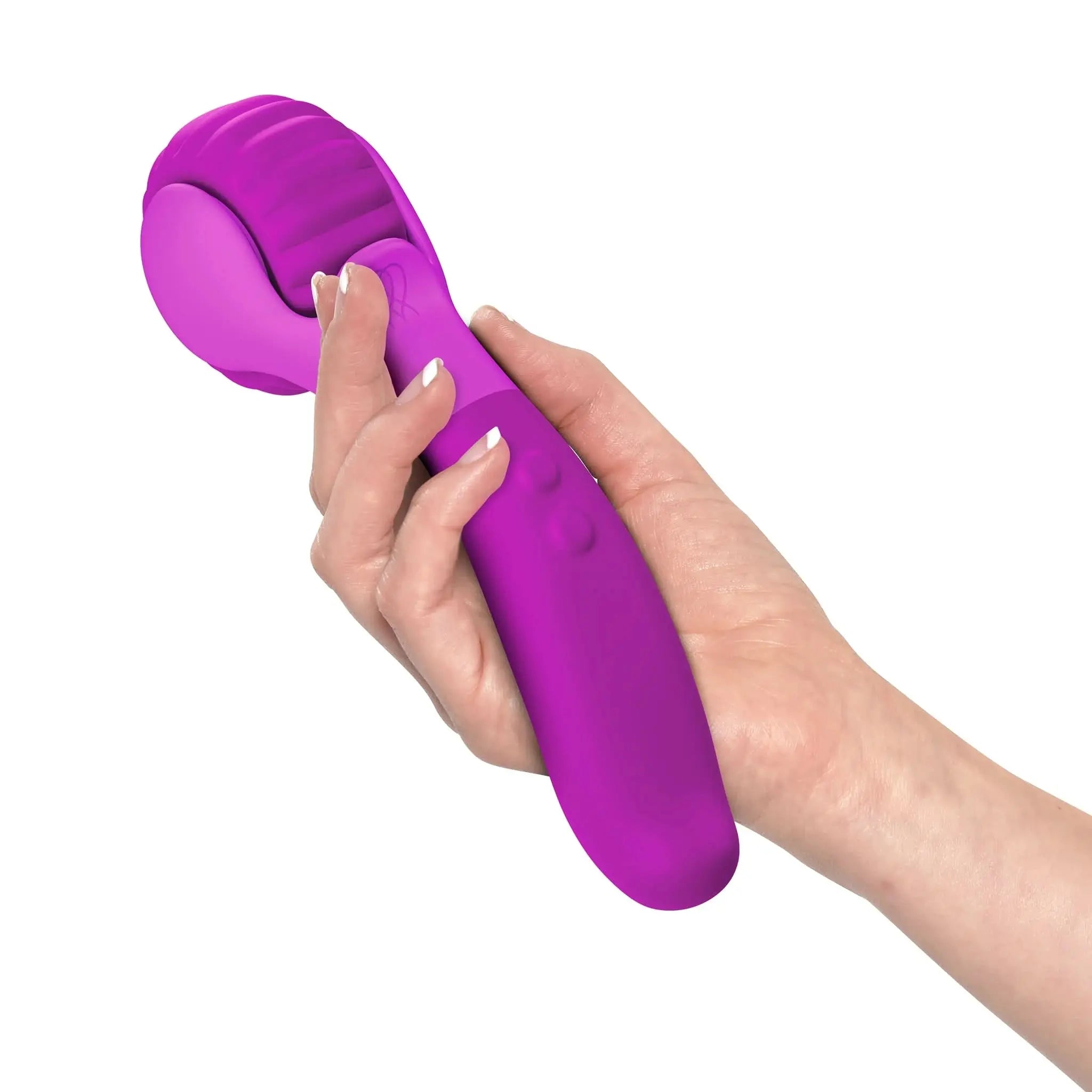 Hand holding a purple JIMMYJANE luxury silicone personal massager on white background