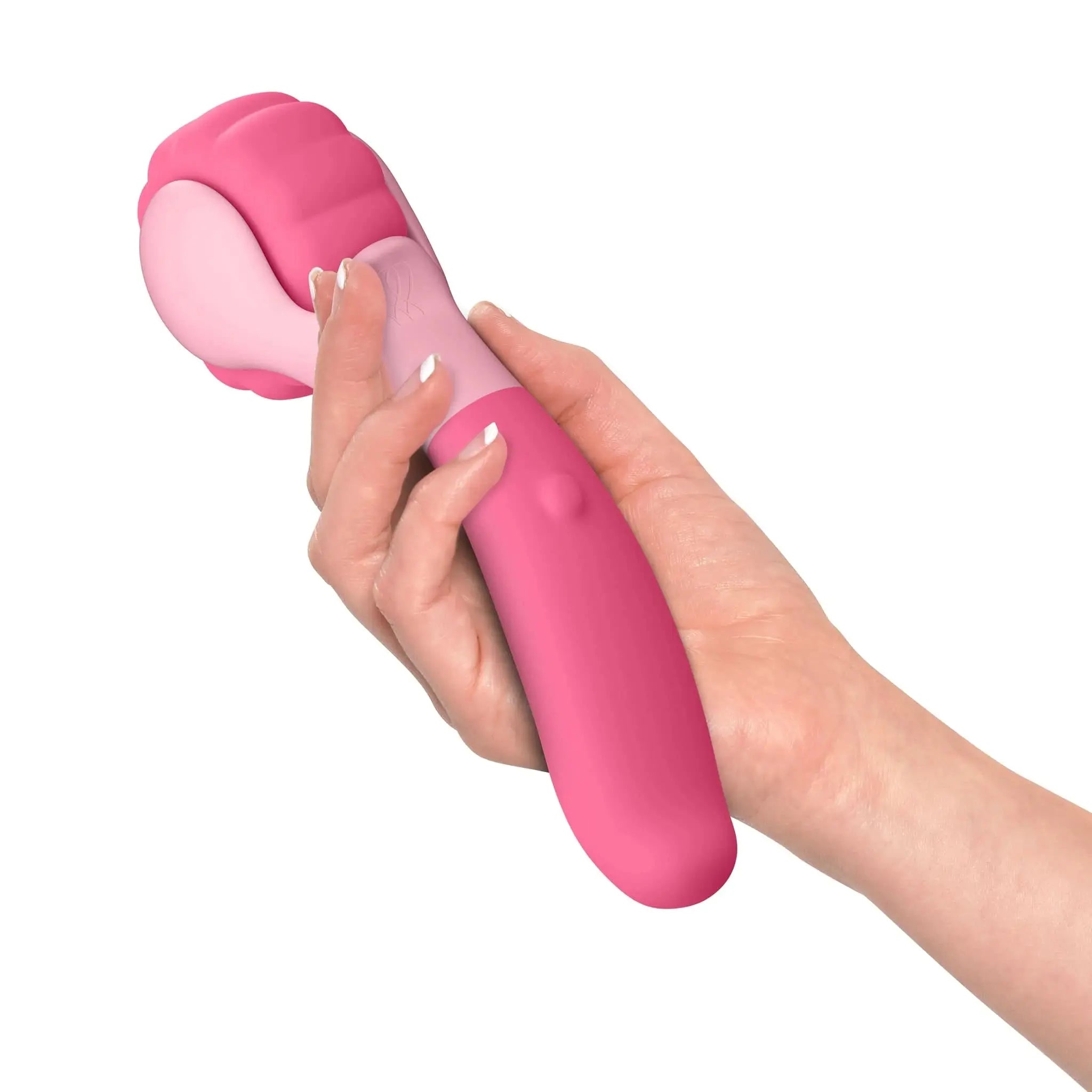 Hand holding pink silicone luxury personal massager by JIMMYJANE against white background