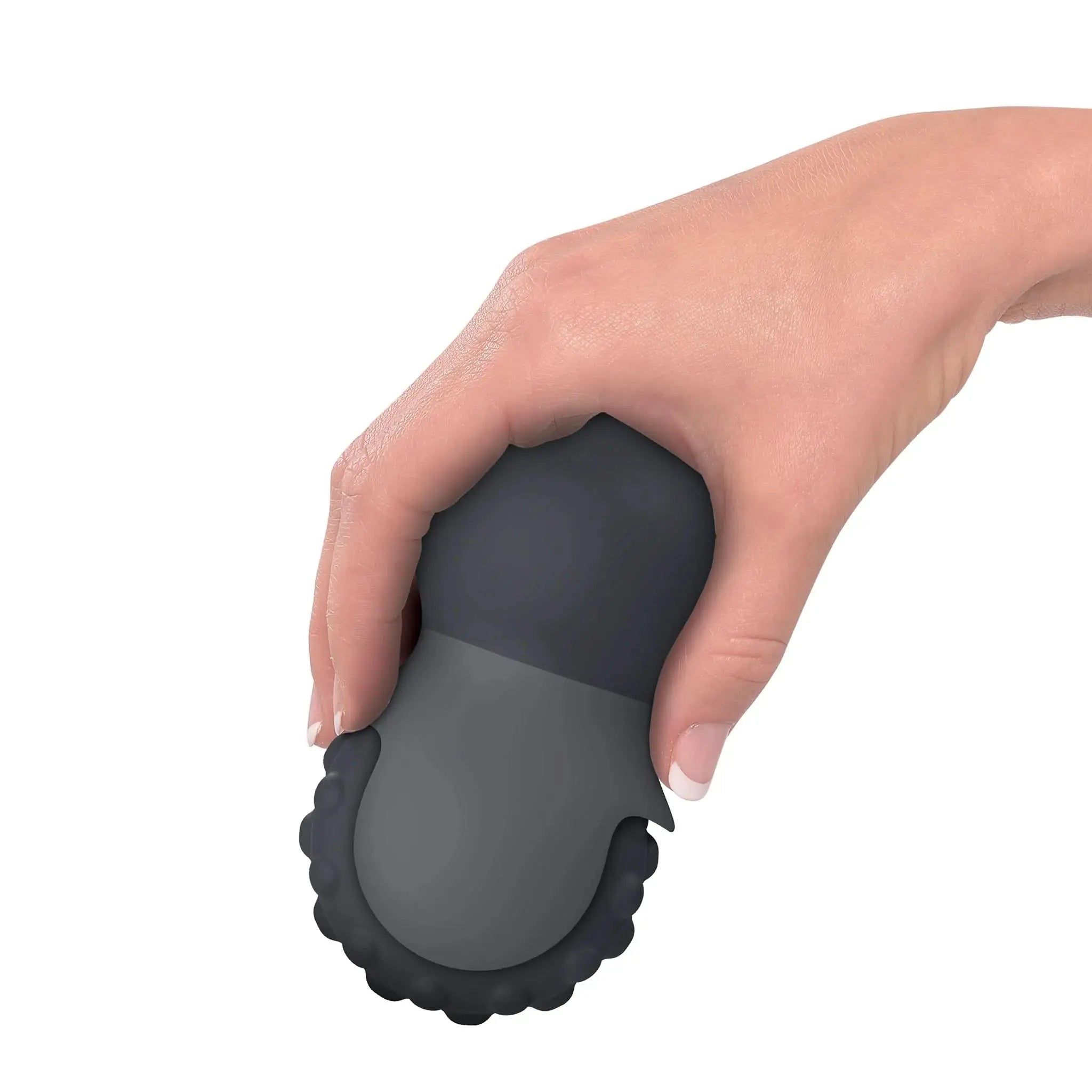 Hand holding a black silicone luxury wellness massager from JIMMYJANE on white background
