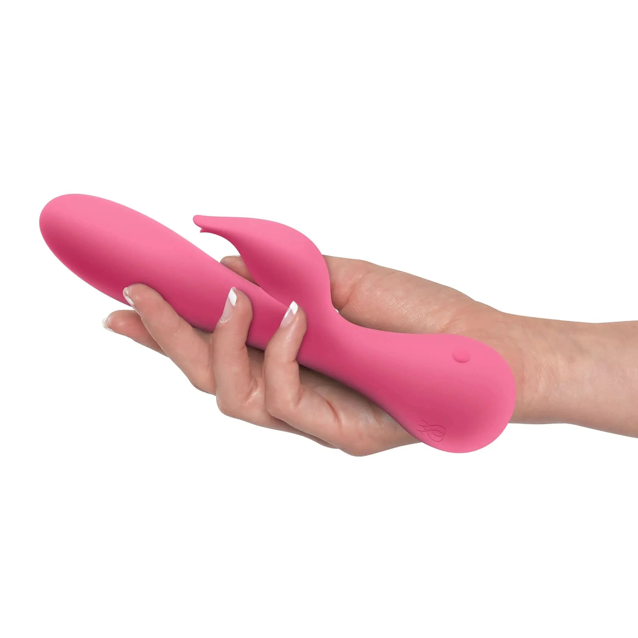 Hand holding a pink Jimmyjane luxury silicone massager against a white background