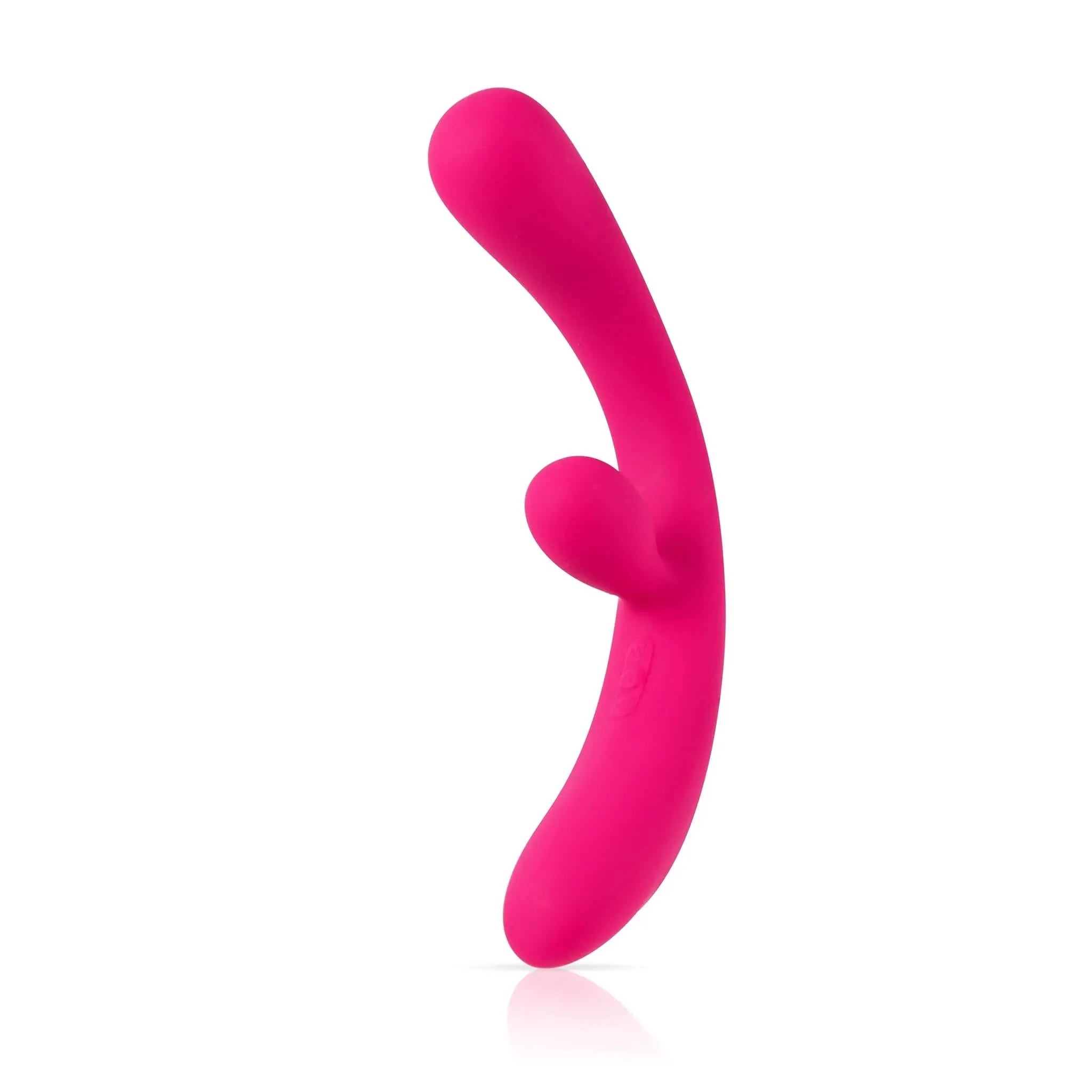 Bright pink curved luxury personal massager by JIMMYJANE on a white background