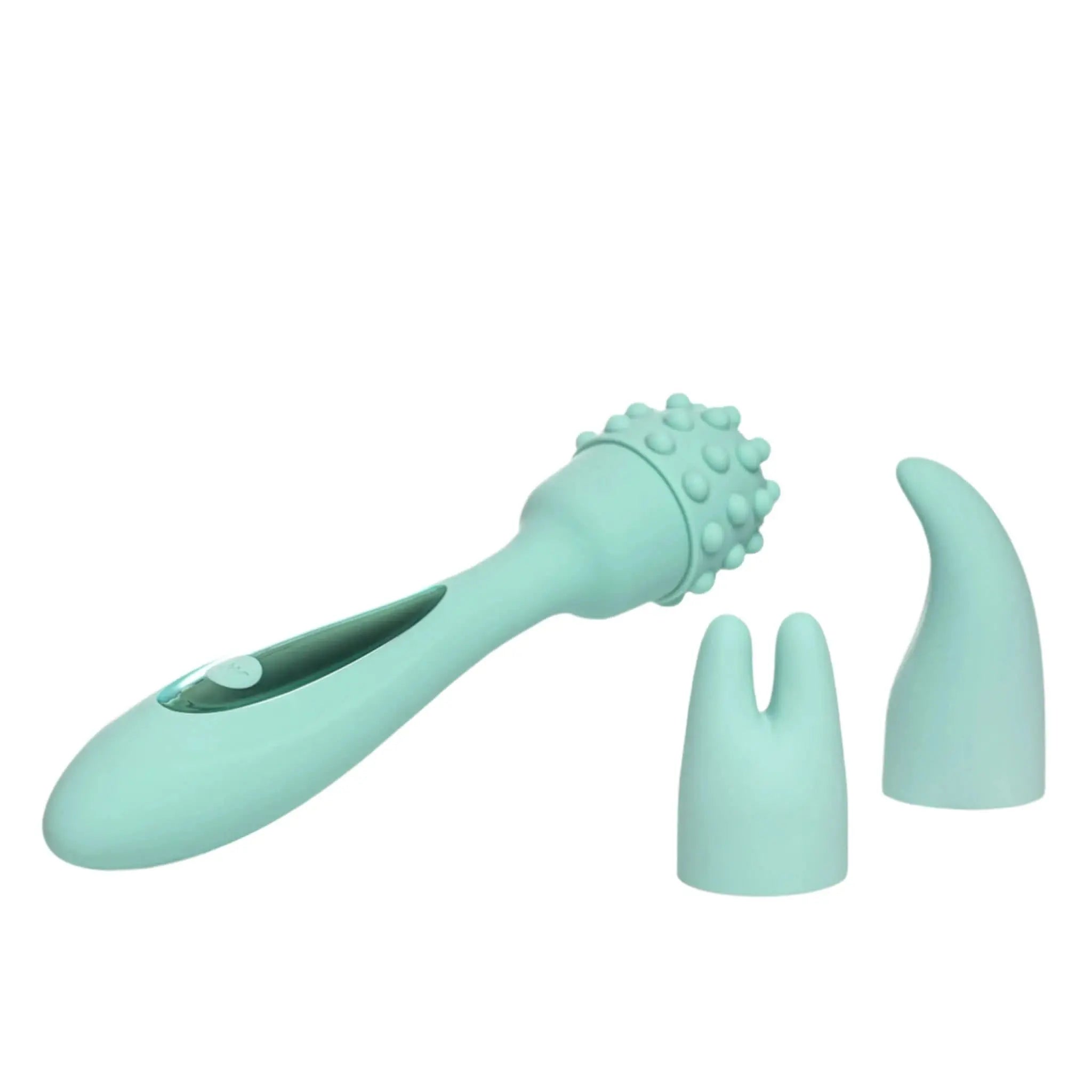 Light green JIMMYJANE luxury massager with two interchangeable silicone heads on white background