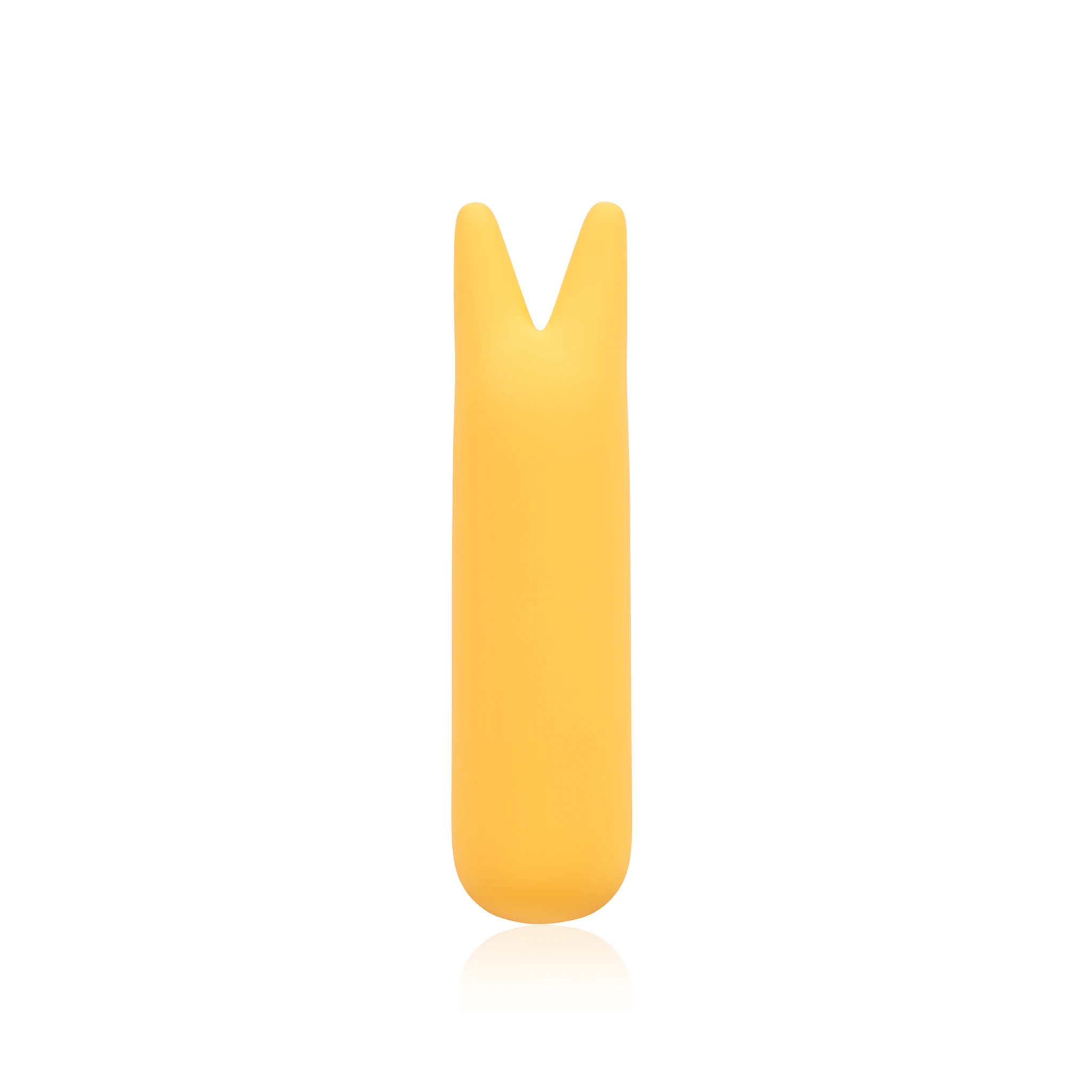 The JIMMYJANE® Chroma™ Mini Sleeve 3, a yellow, soft, cylindrical accessory with two prongs at the top, stands upright on a white background.