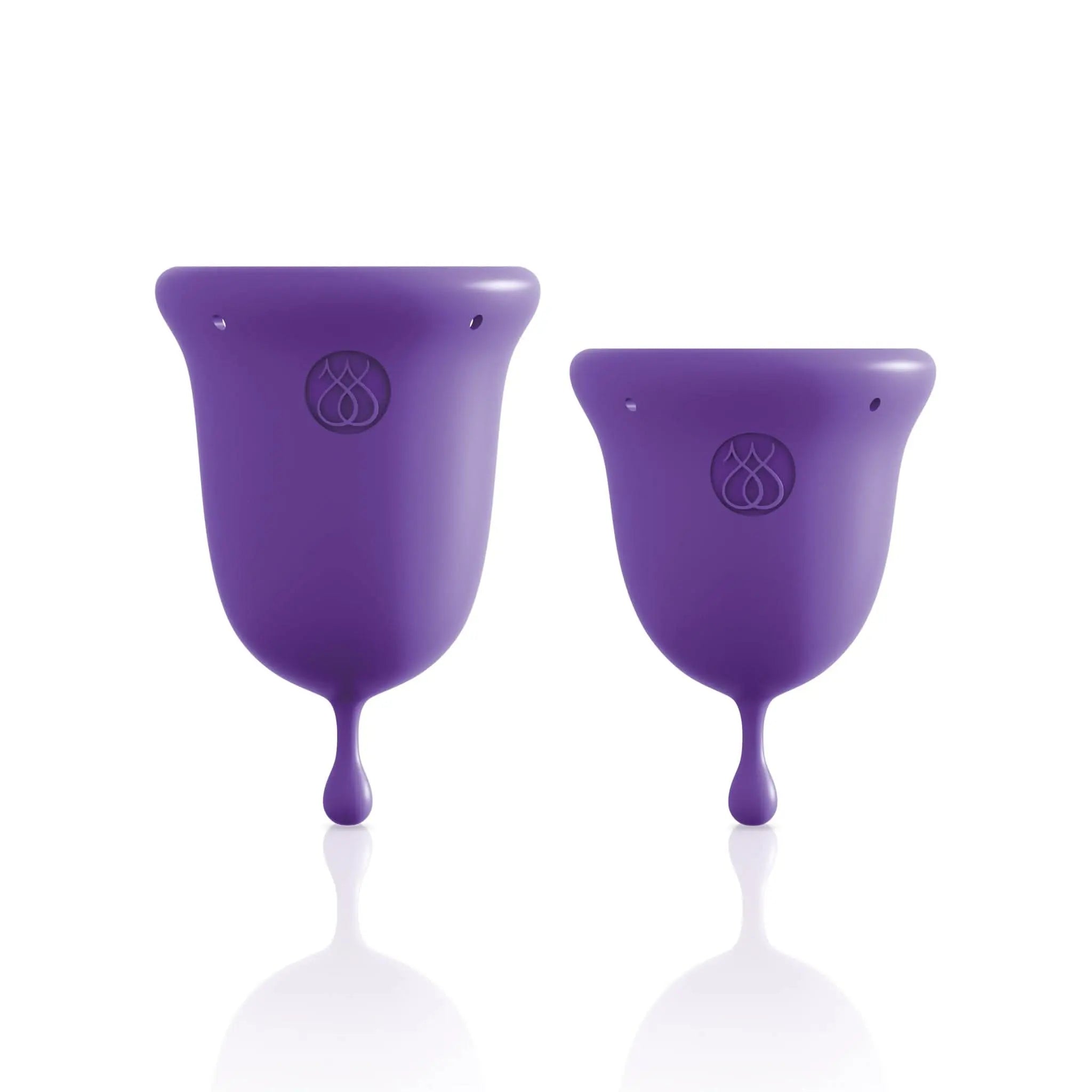 Set of two purple silicone menstrual cups from JIMMYJANE on white background