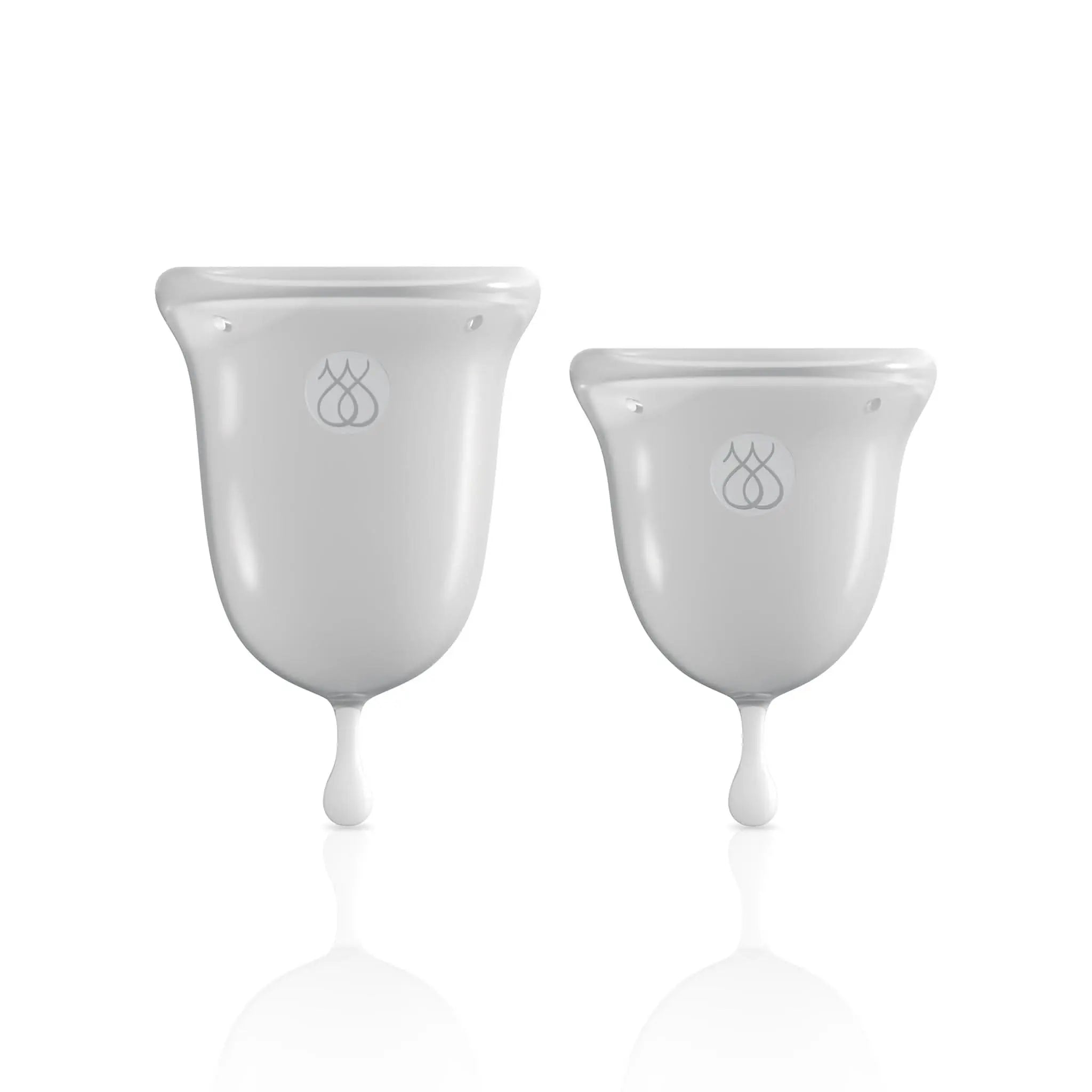 Two white JIMMYJANE menstrual cups with logo, displayed on white background.