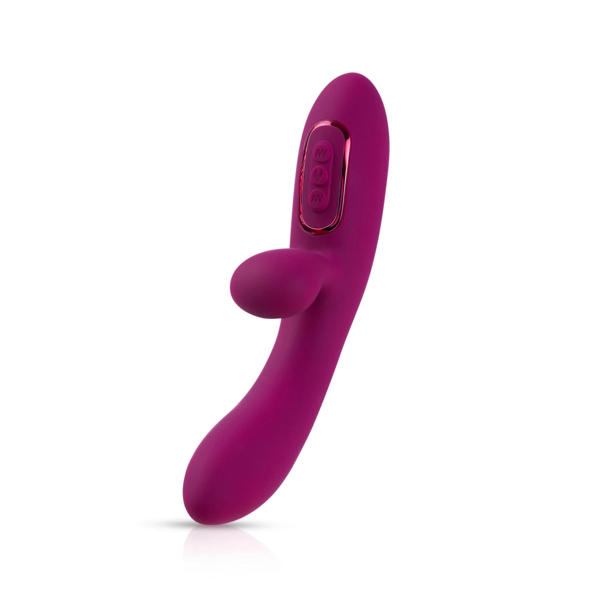 The JIMMYJANE® Solis™ is a purple silicone rabbit vibrator featuring a curved shape, small external stimulator, and stereophonic vibrations, shown isolated on a white background.