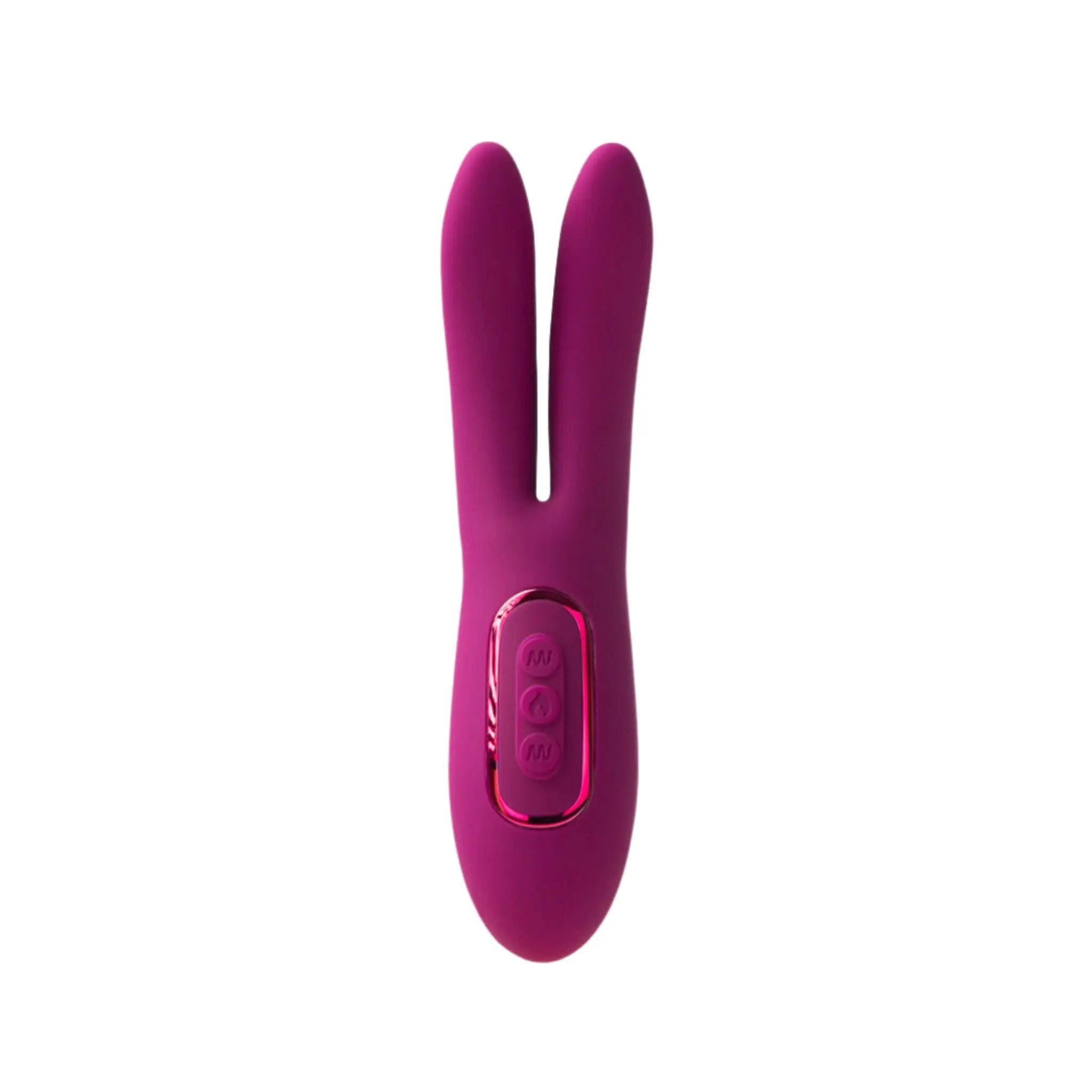 Magenta silicone dual-ended luxury massager with buttons, by JIMMYJANE, on white background.