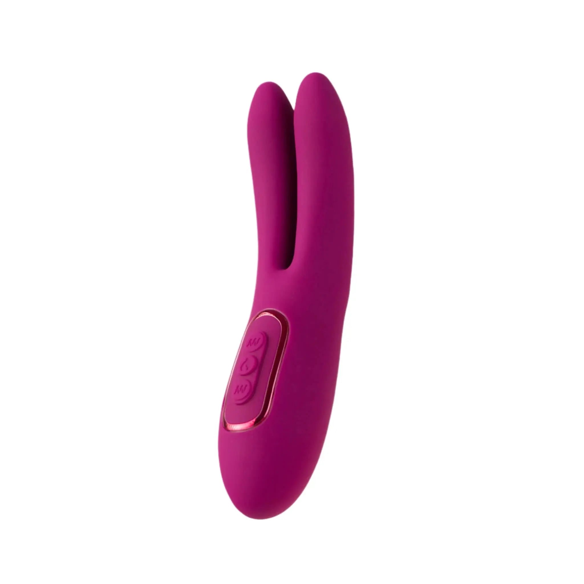 Magenta dual-pronged luxury personal massager with control buttons, JIMMYJANE brand
